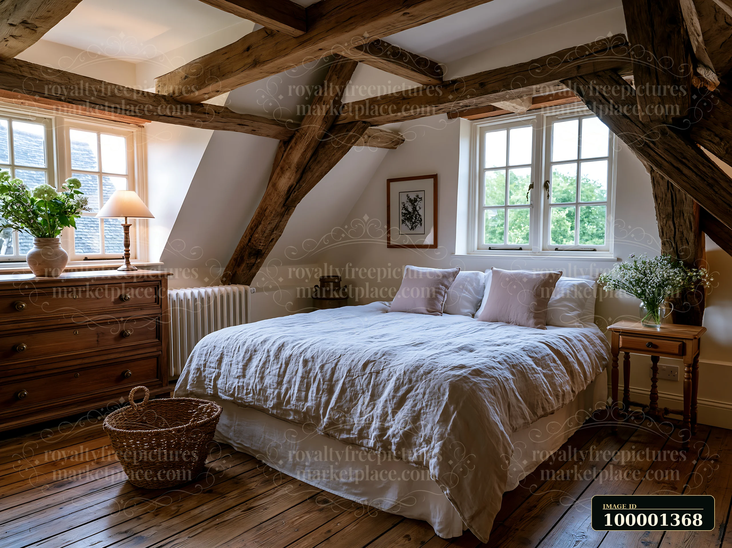This rustic bedroom showcases linen bedding on a cozy bed next to a wooden dresser.