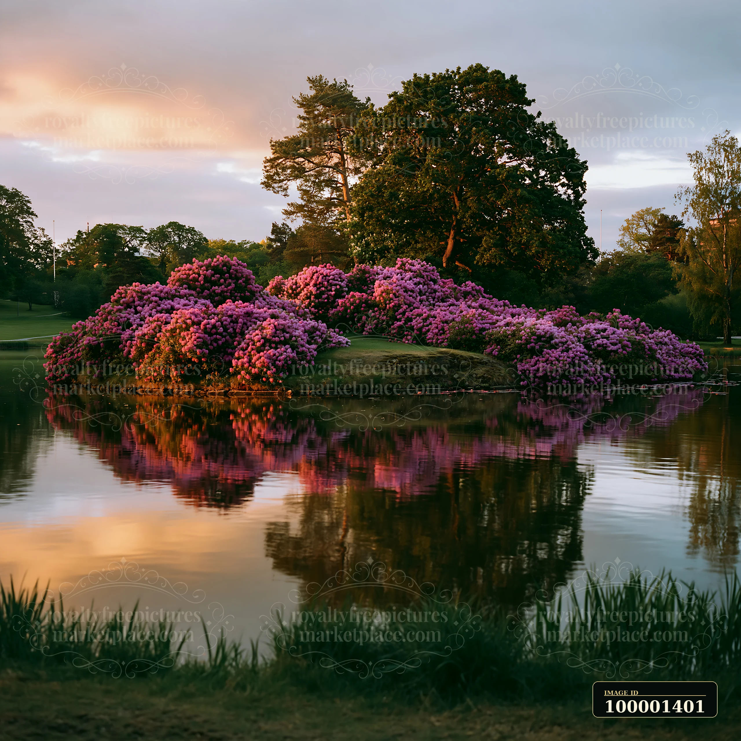 A small island features vibrant flowers with reflection on calm water during sunset hours.