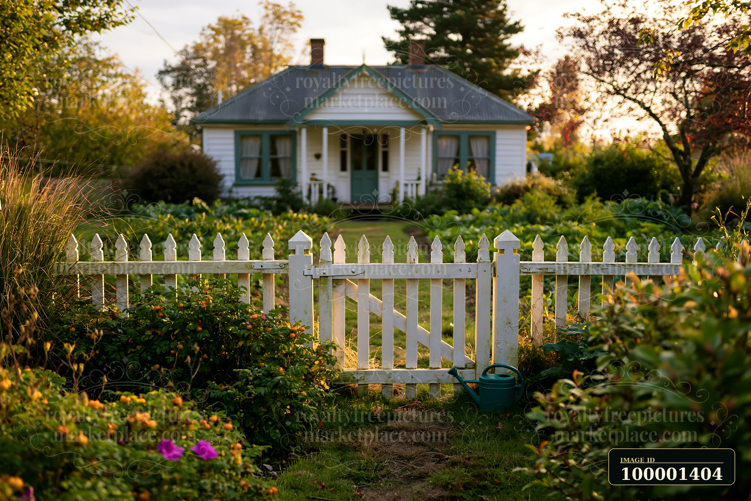 The country home with white picket fence stands surrounded by a well-kept garden in the evening.