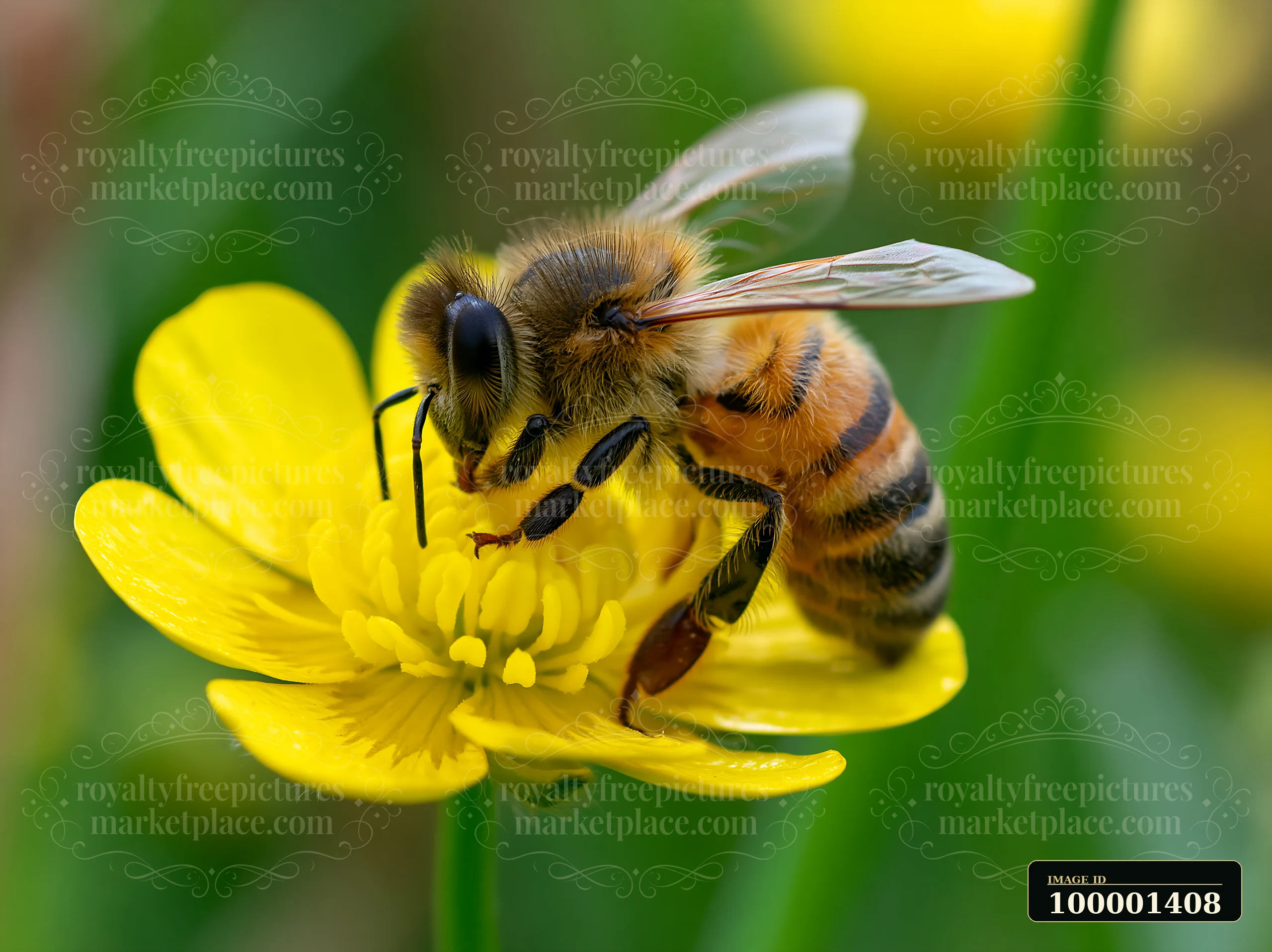 A honey bee gathers nectar from a yellow flower while showing visible hairs on its body.