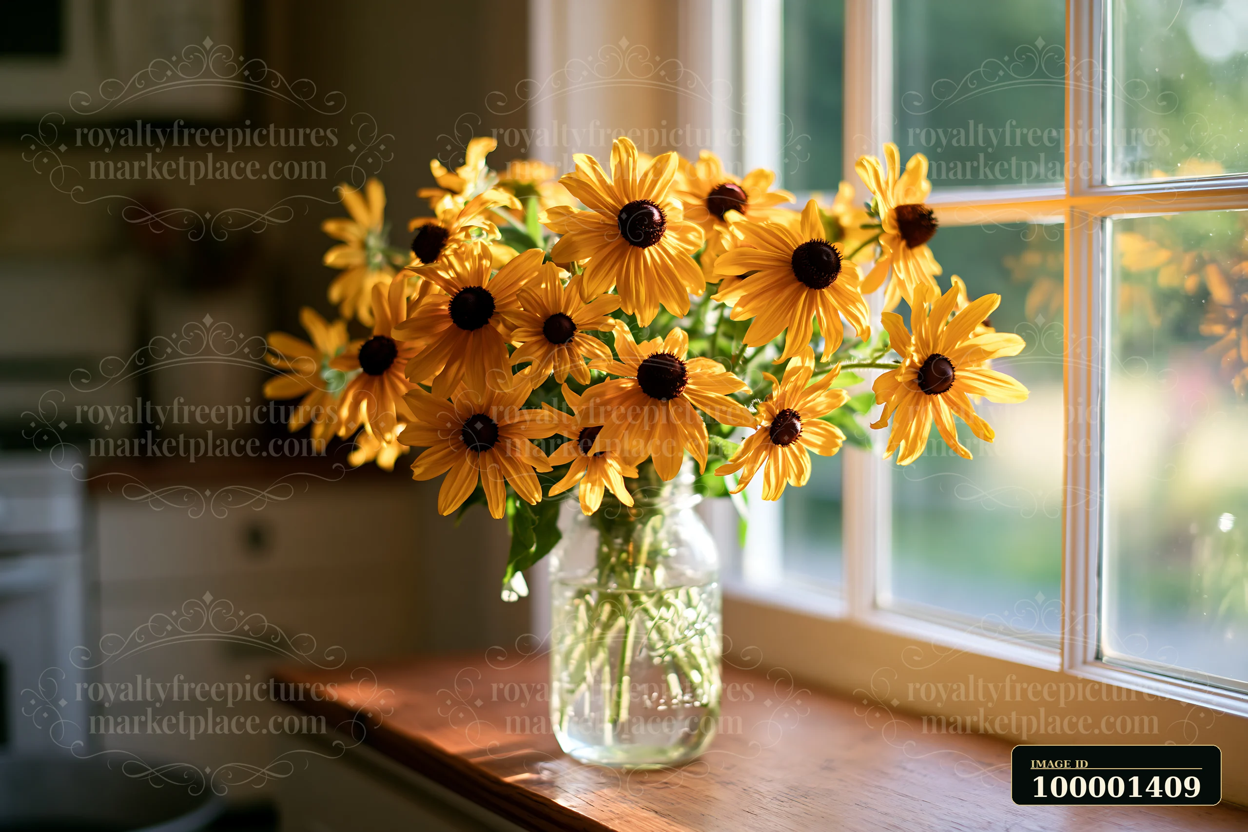A bouquet of rudbeckia flowers in sunlight sits on a wooden table near a window.