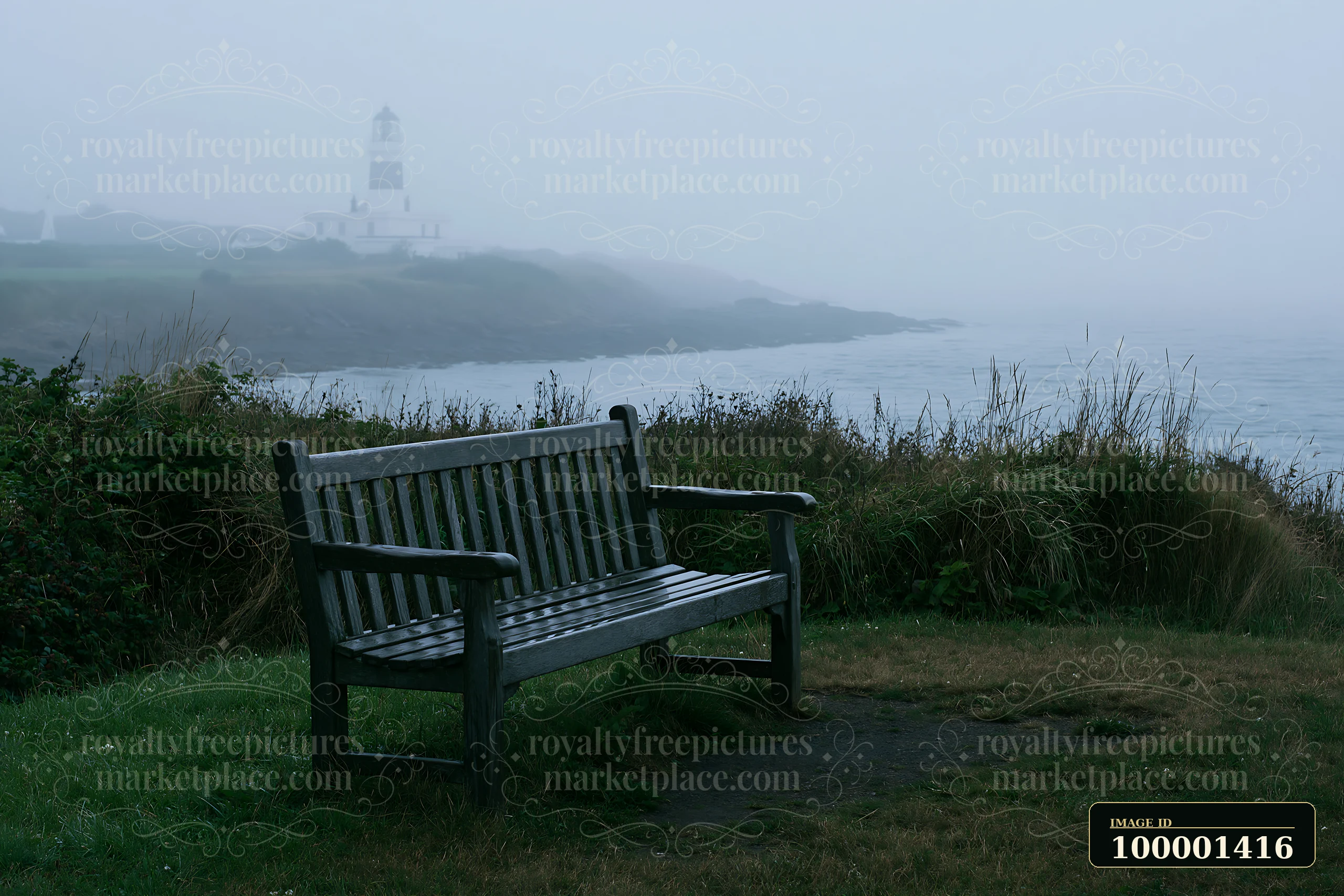 A wooden bench sits on the grass facing the ocean with a lighthouse visible in the distance shrouded in heavy ocean fog.
