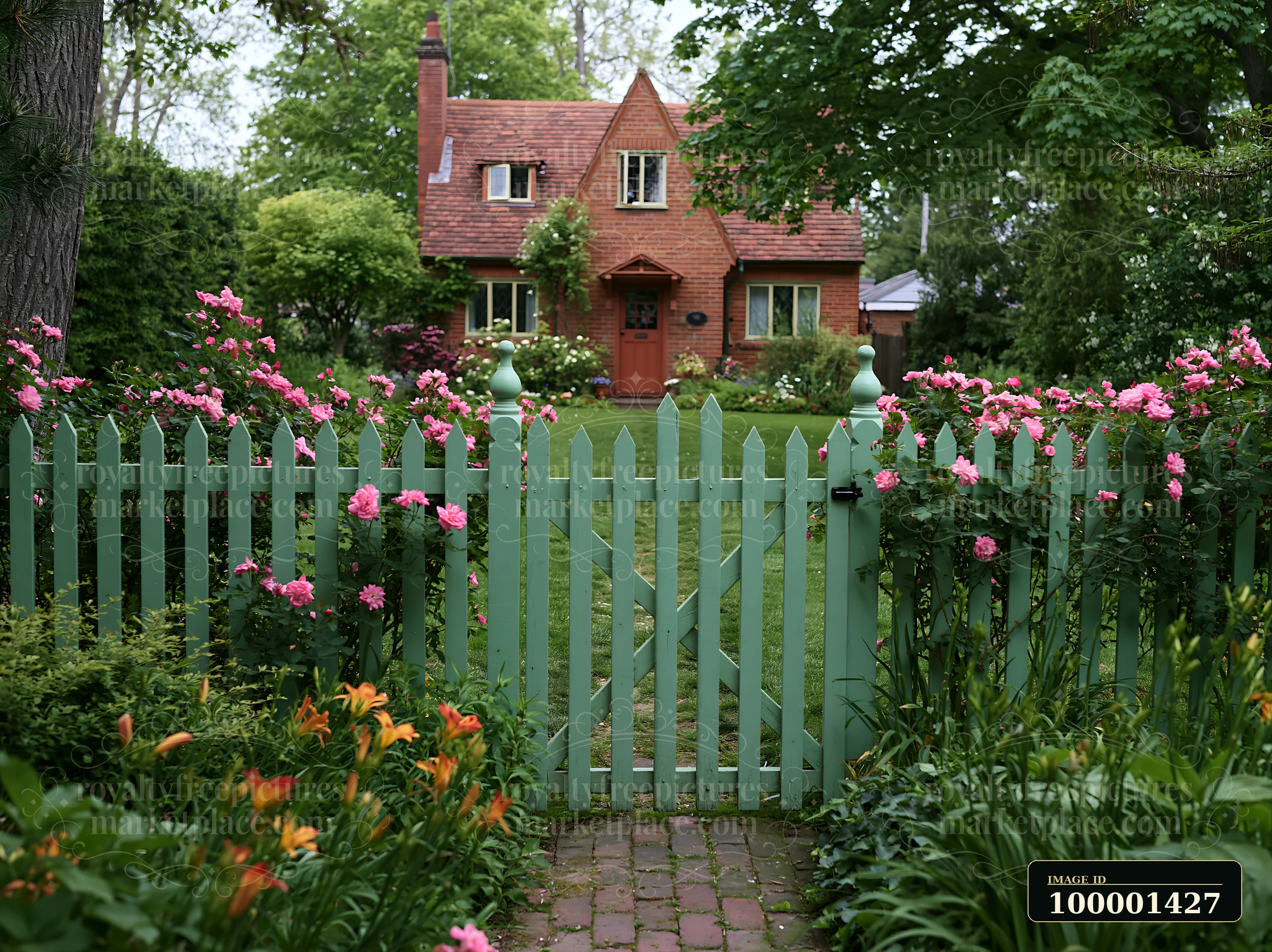 A green gate leads to a rural cottage surrounded by a garden full of flowers.