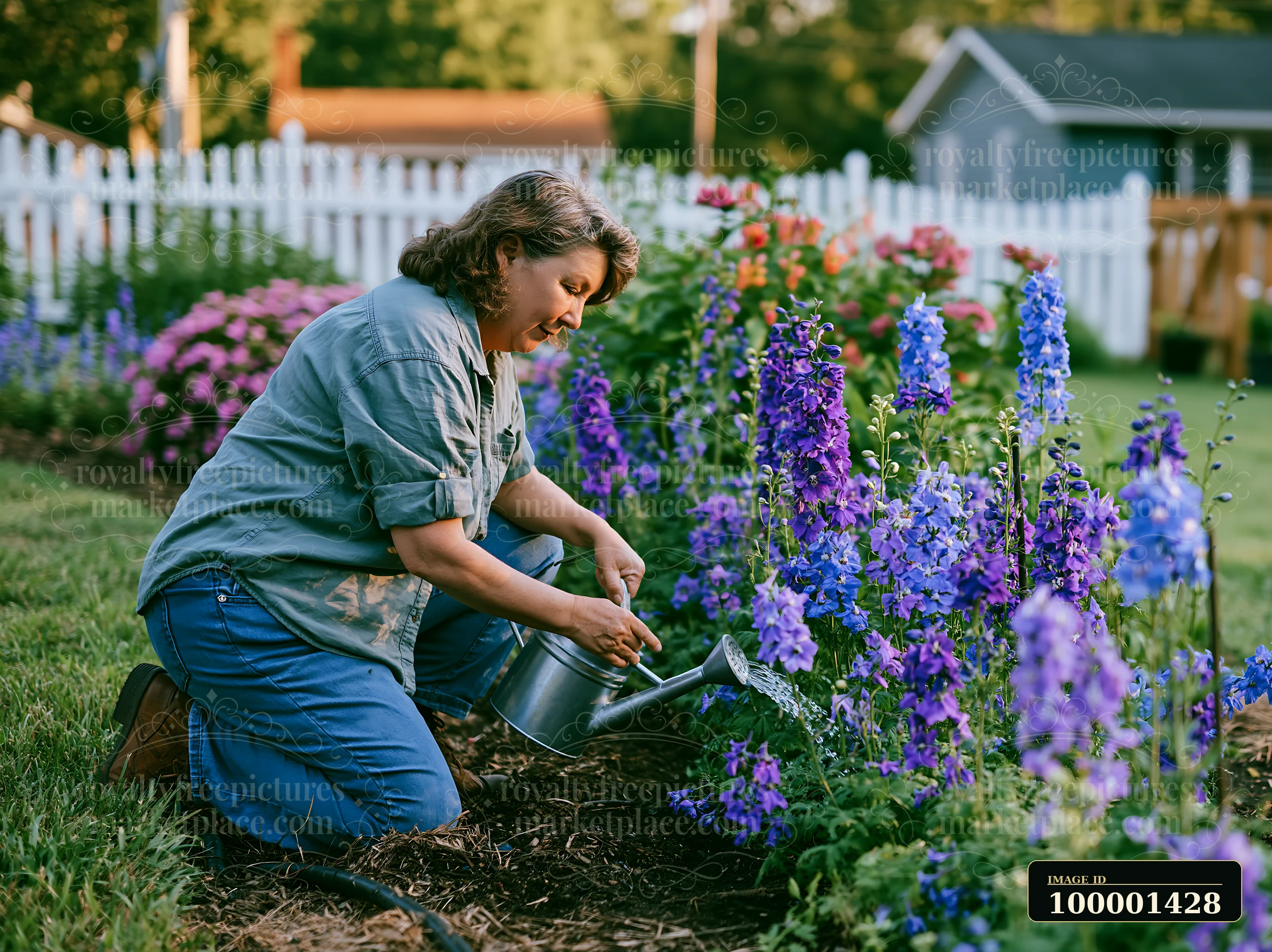 A person waters a colorful delphinium flower border in a backyard garden during daylight.