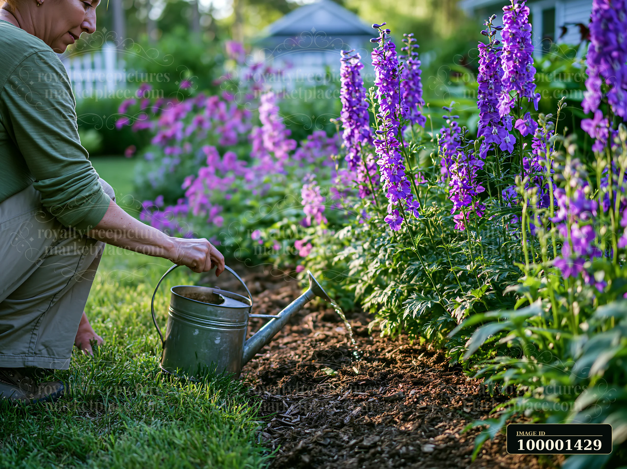 A gardener waters a border of colorful delphinium flowers in a residential garden.