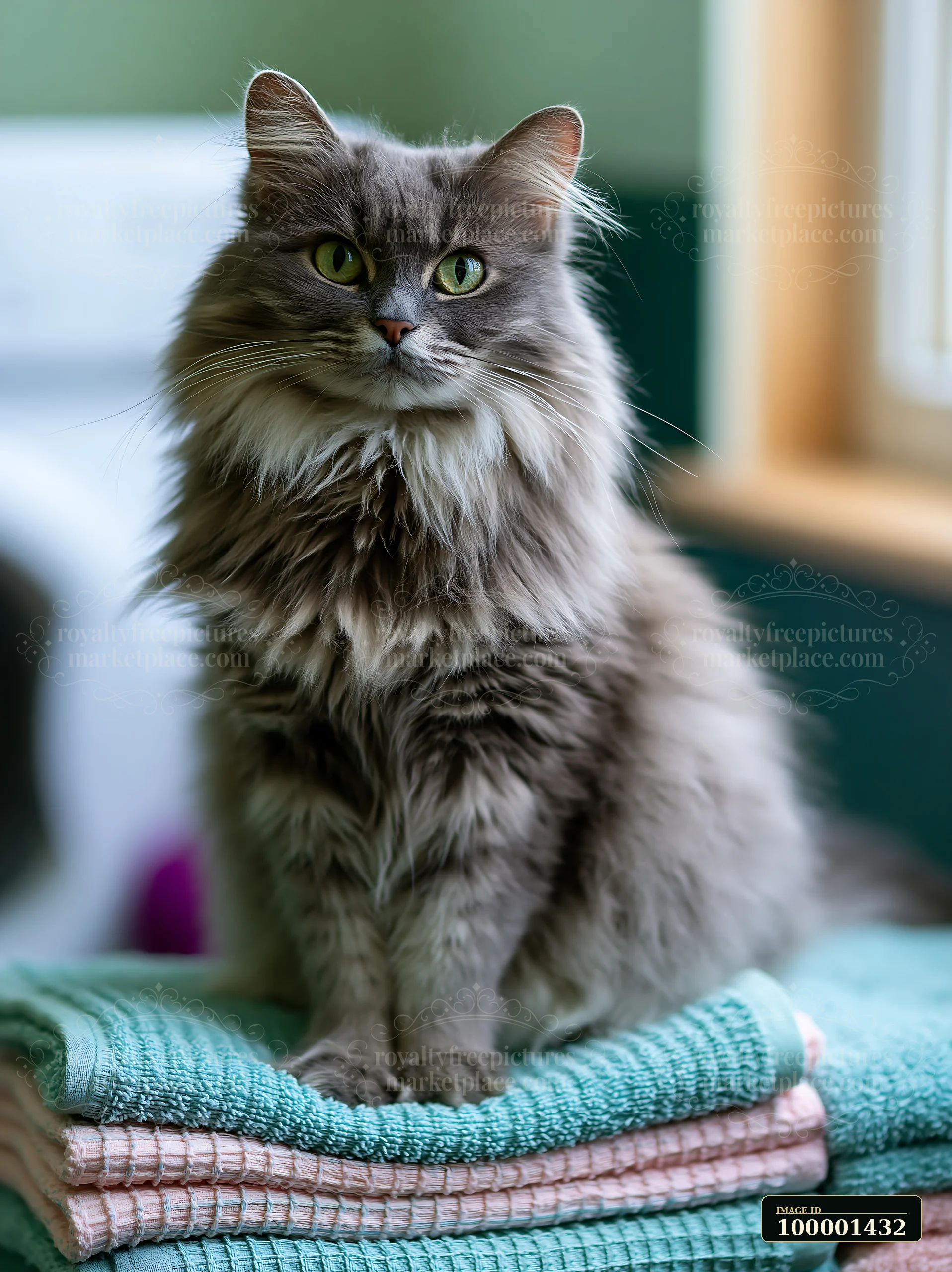 A Dwelf cat portrait presents a gray feline sitting on colorful towels in a well-lit indoor space.