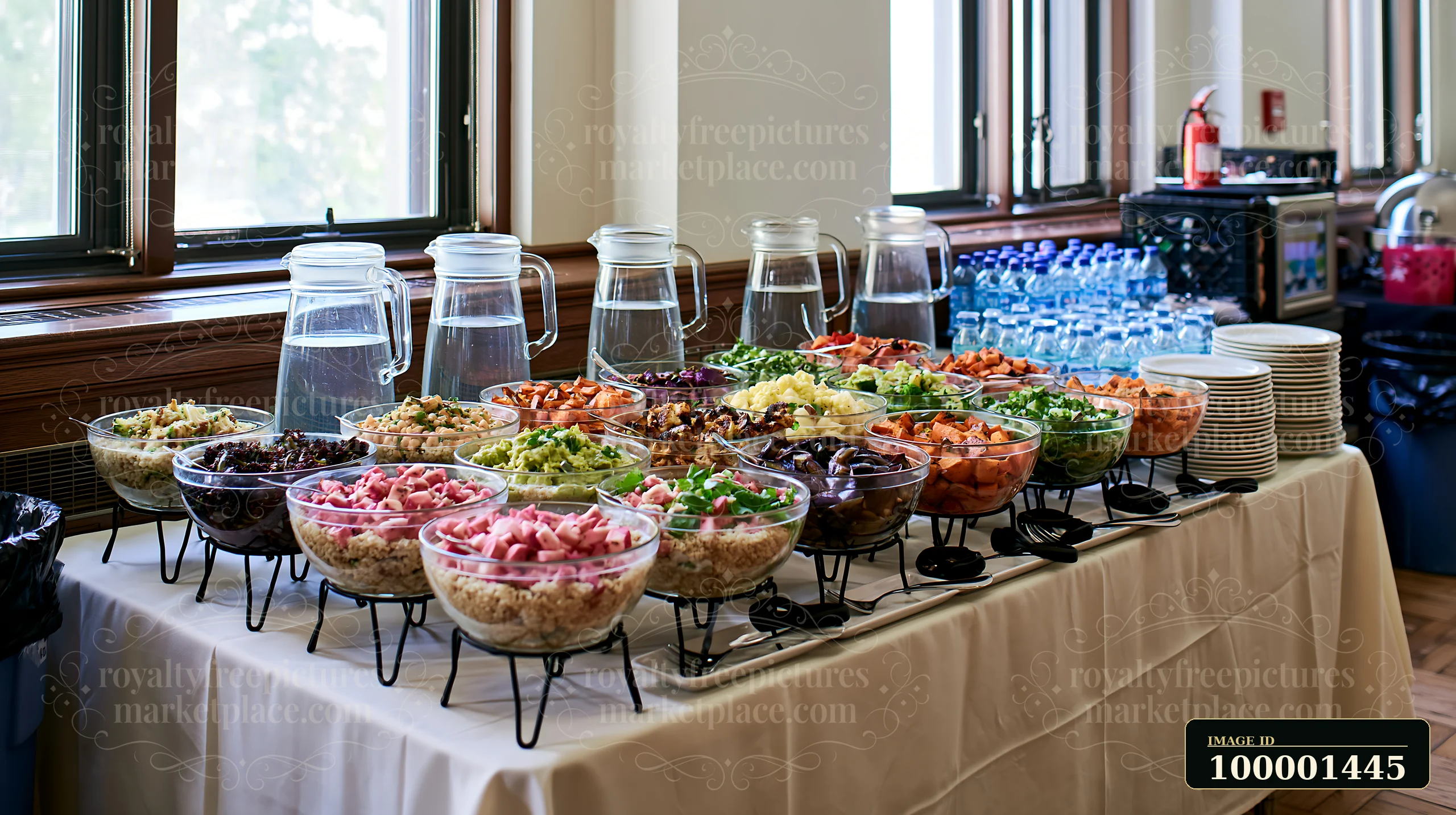 This tabletop display showcases a catering buffet setup with multiple bowls of salads and drinks.