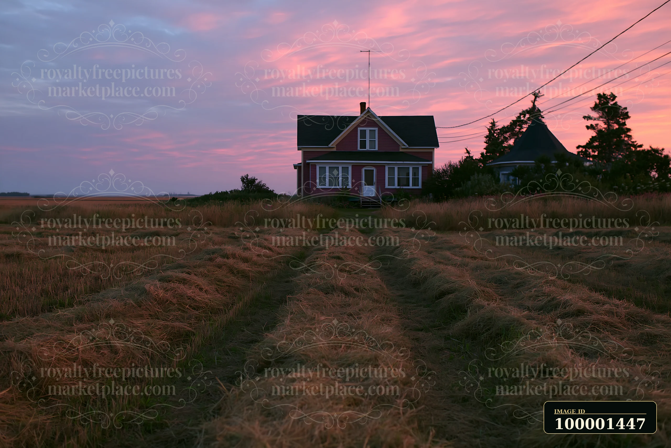A farmhouse landscape at sunset shows a house surrounded by tall grasses and fields, with colorful skies in the background.