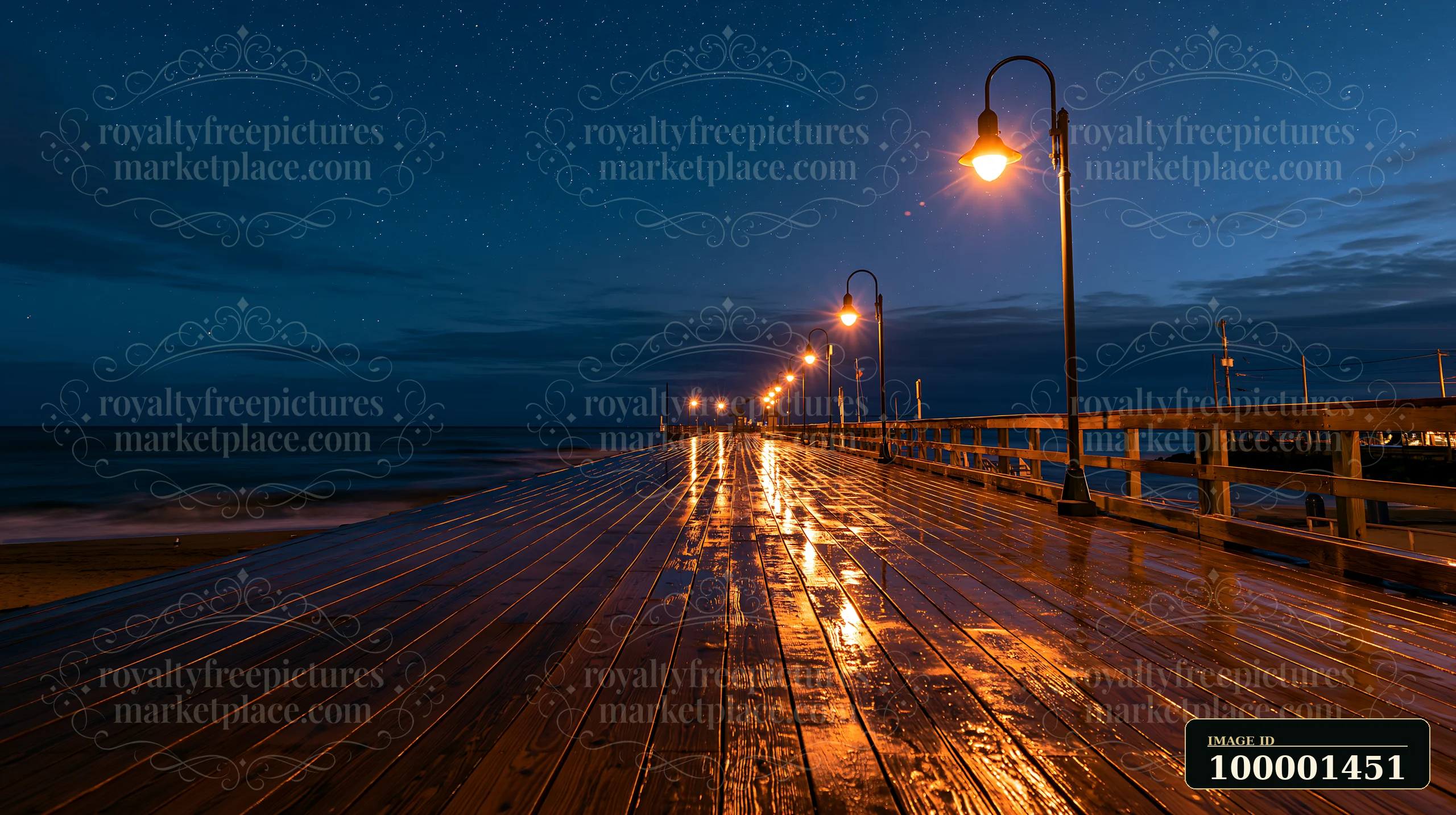 A coastal boardwalk shines under lights as the stars fill the night sky.