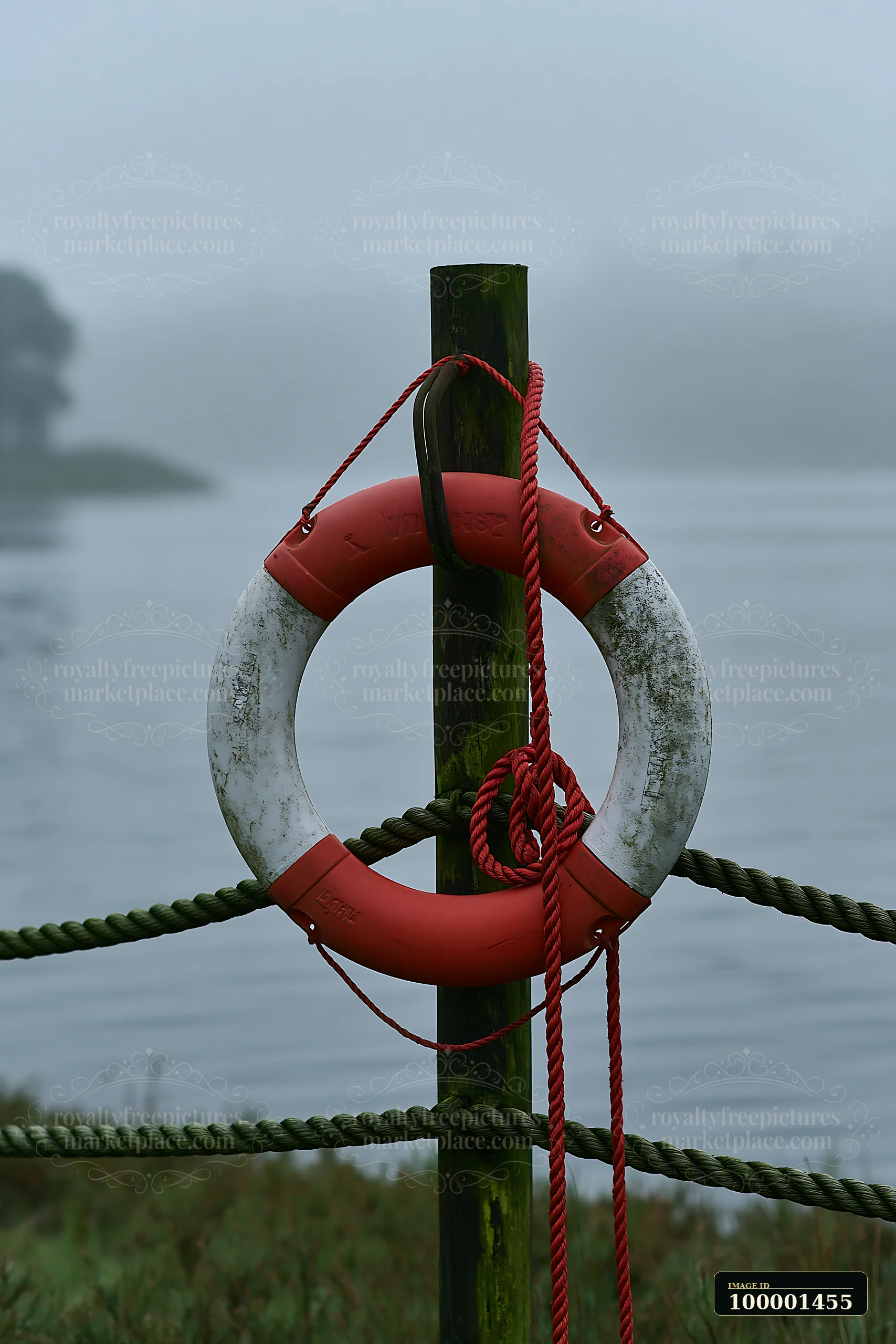 A lifebuoy is mounted on a post surrounded by ropes while a coastline covered in sea fog looms in the background.