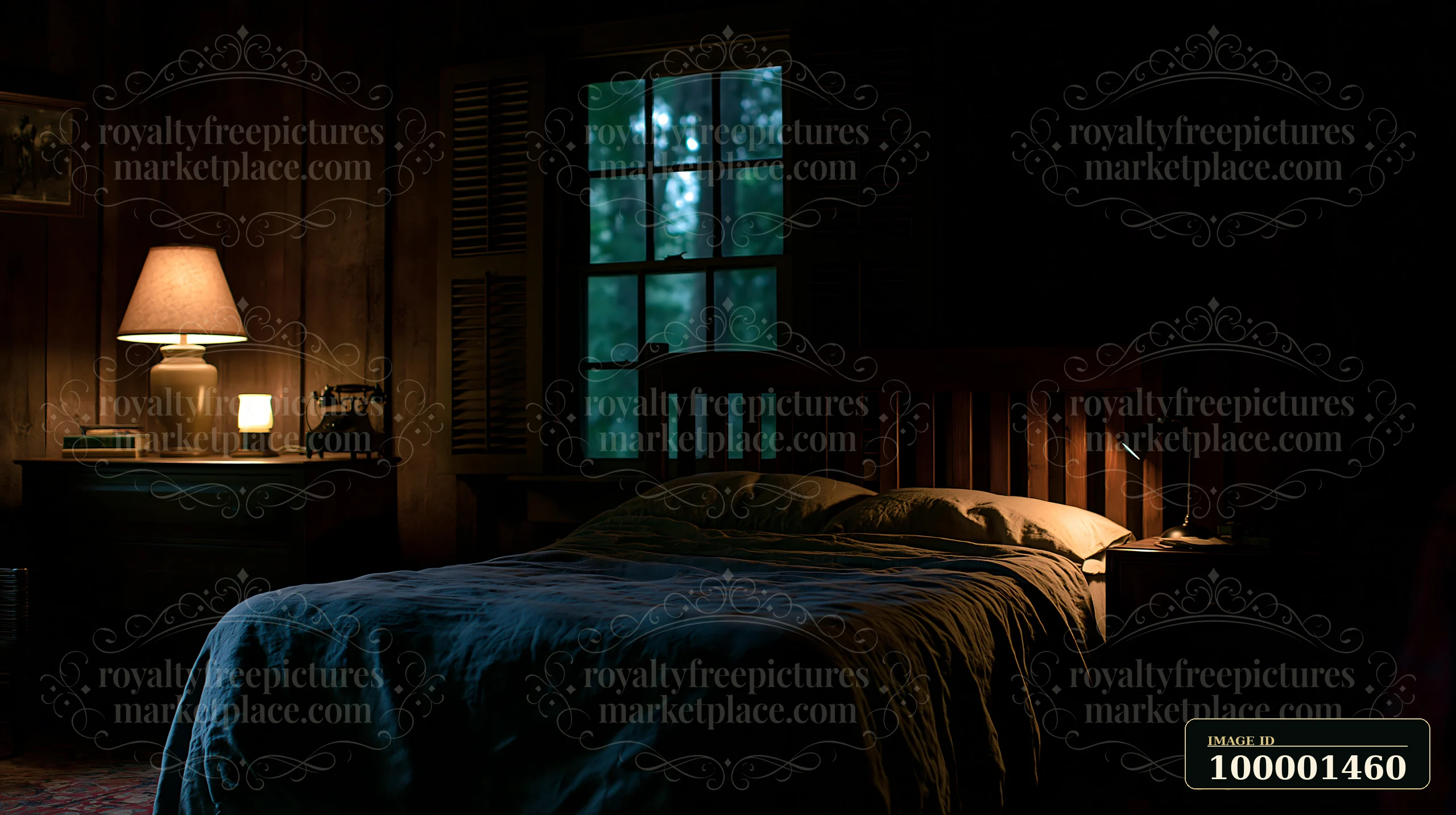 The room features a wooden bed with linen bedding, a lamp on a side table, and a window allowing dim light from outside.