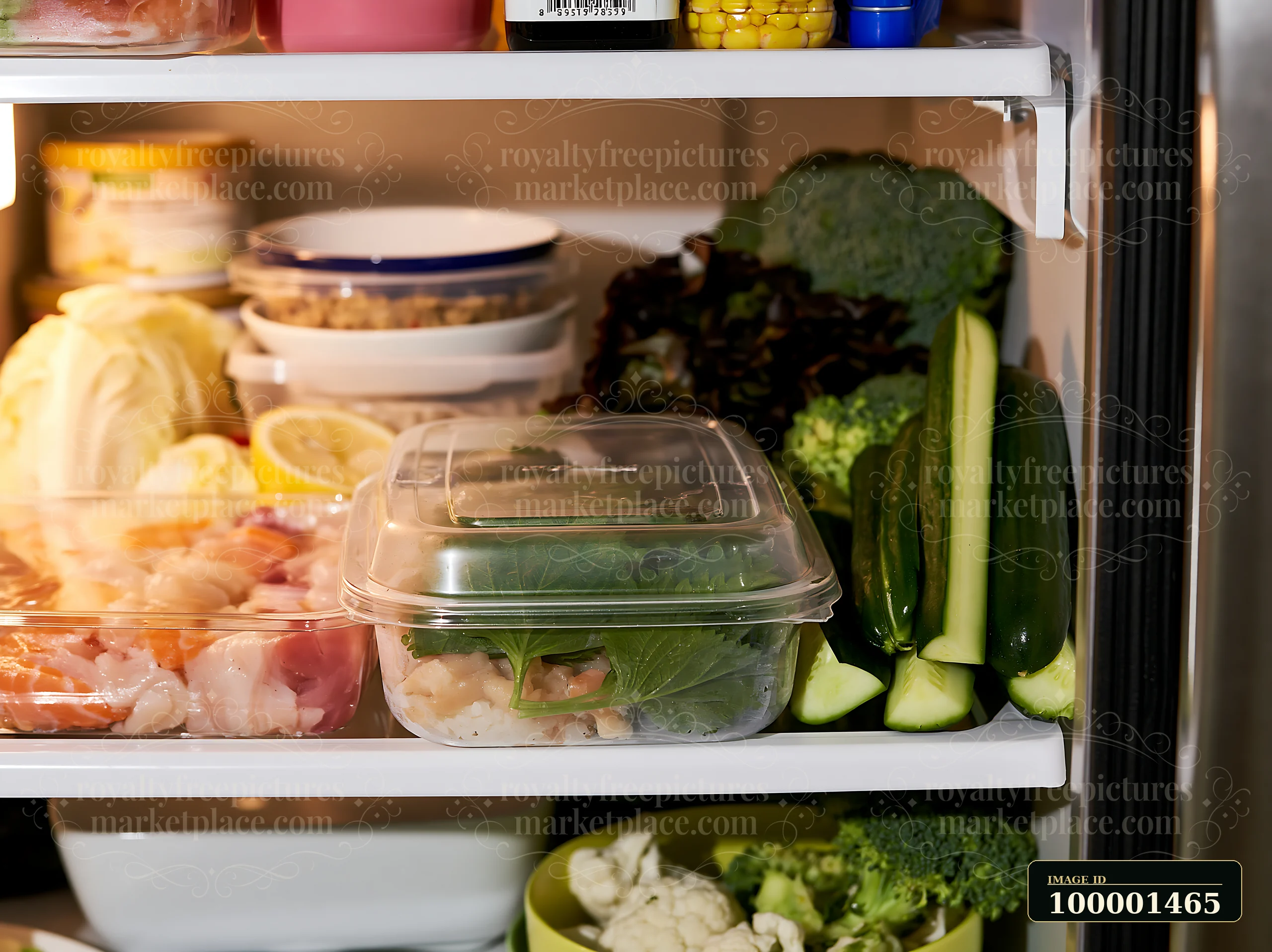 Sushi with shiso leaves is placed in a container inside a refrigerator alongside fresh vegetables and condiments.