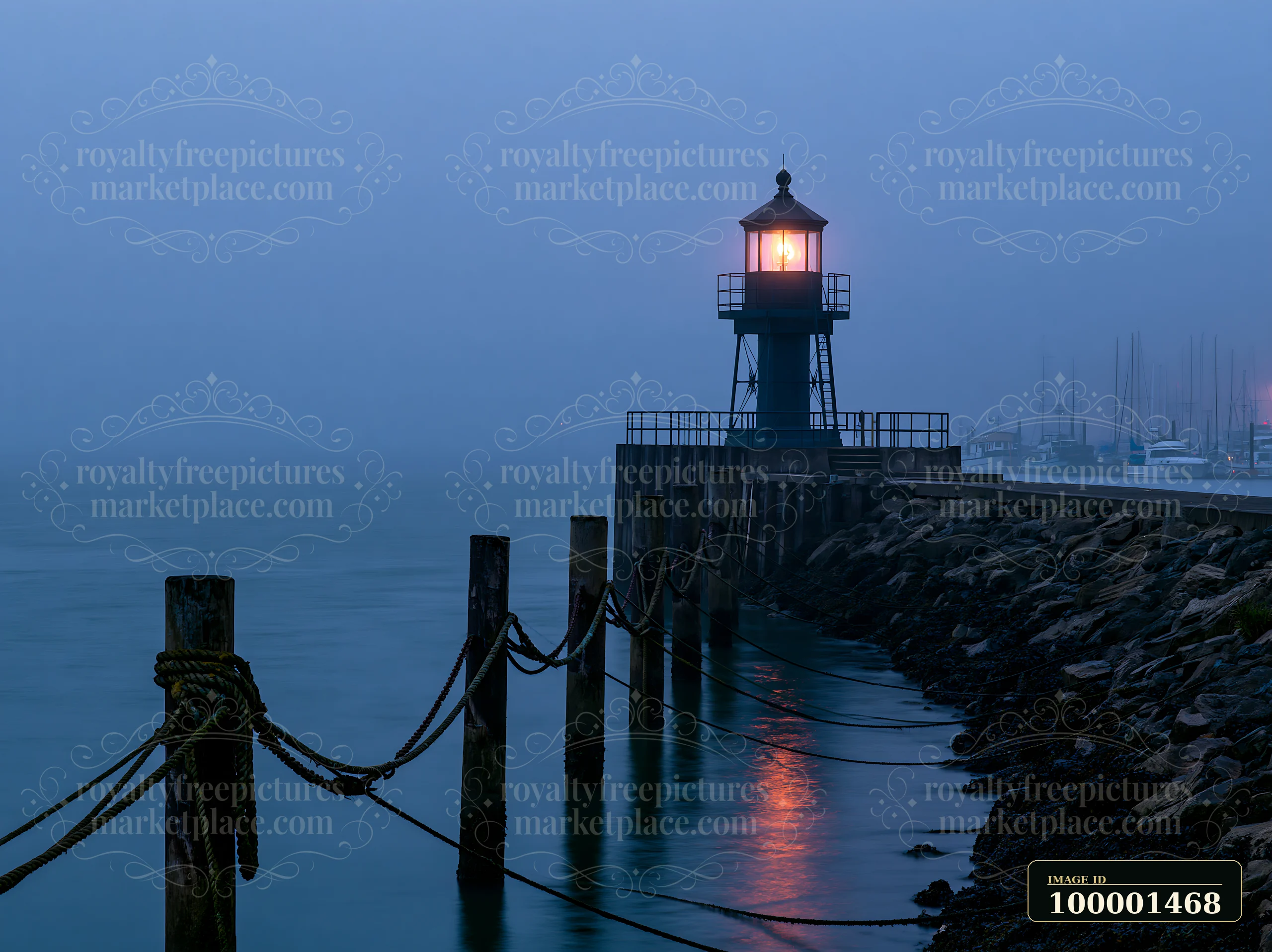 A lighthouse in heavy ocean fog emits a beacon of light as it stands at the end of a pier near a marina.