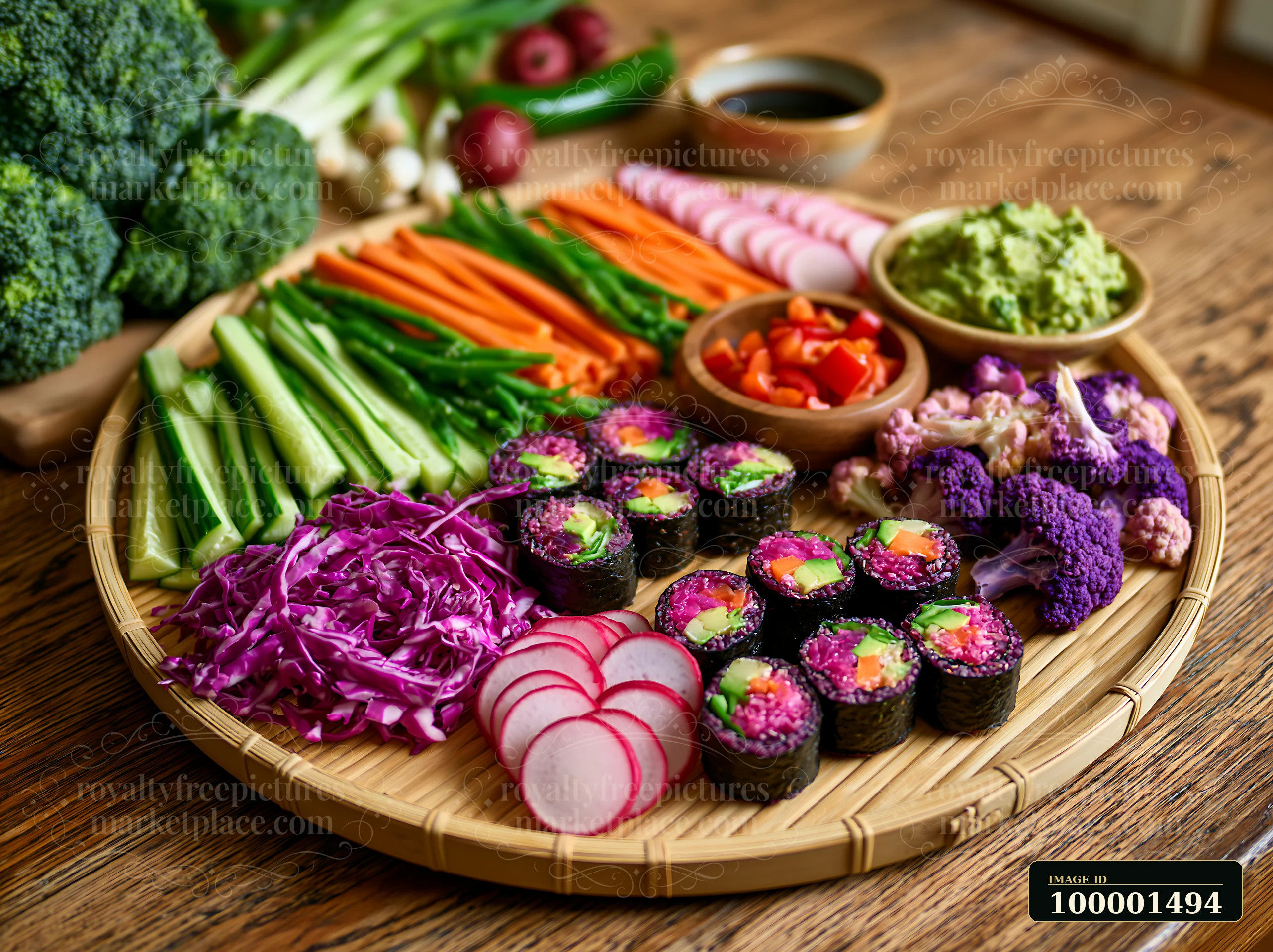 A vegan sushi platter showcases colorful rolls paired with fresh vegetables like cucumbers, carrots, and radishes.