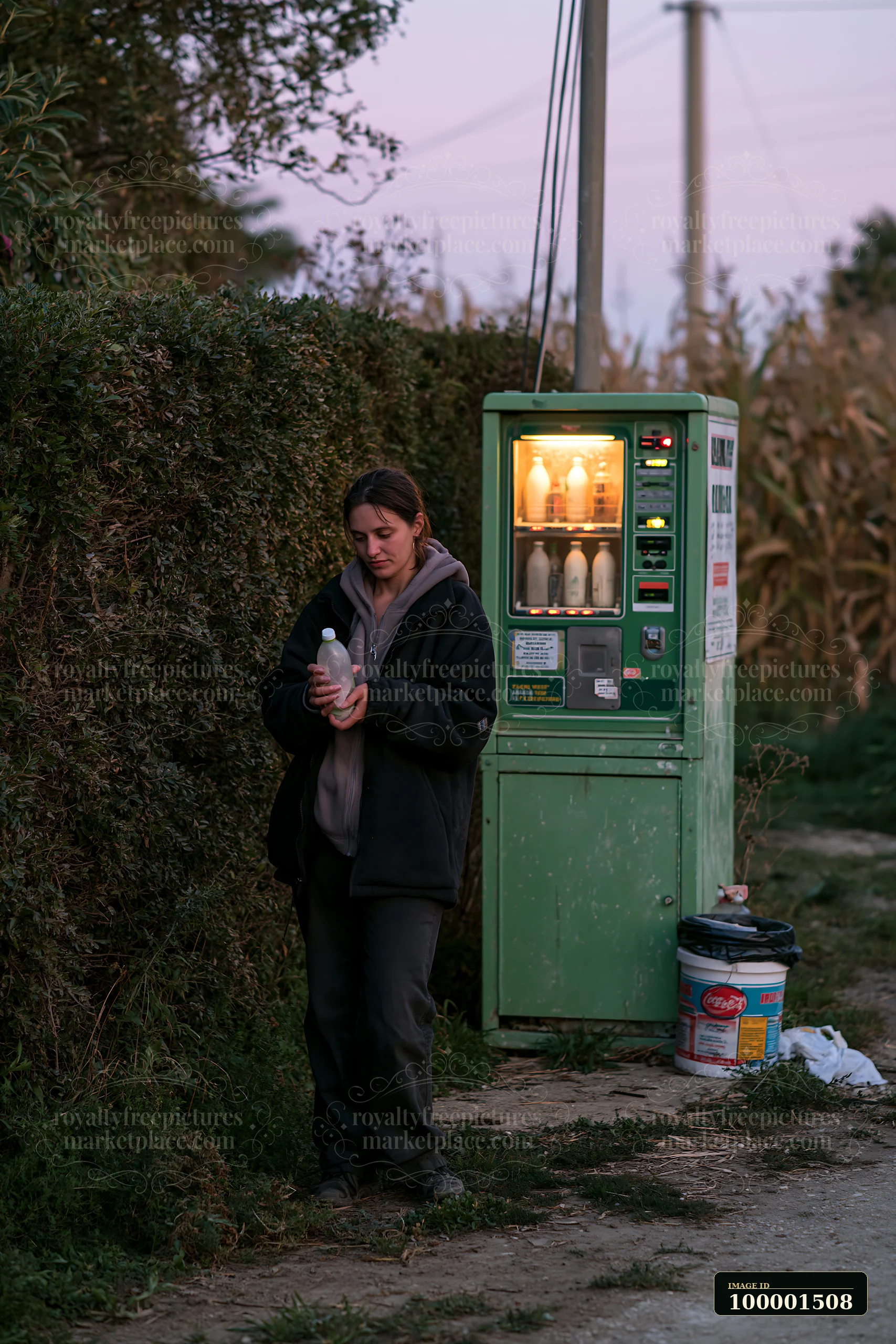 A woman stands next to a raw milk vending machine outside a farm as dusk approaches.