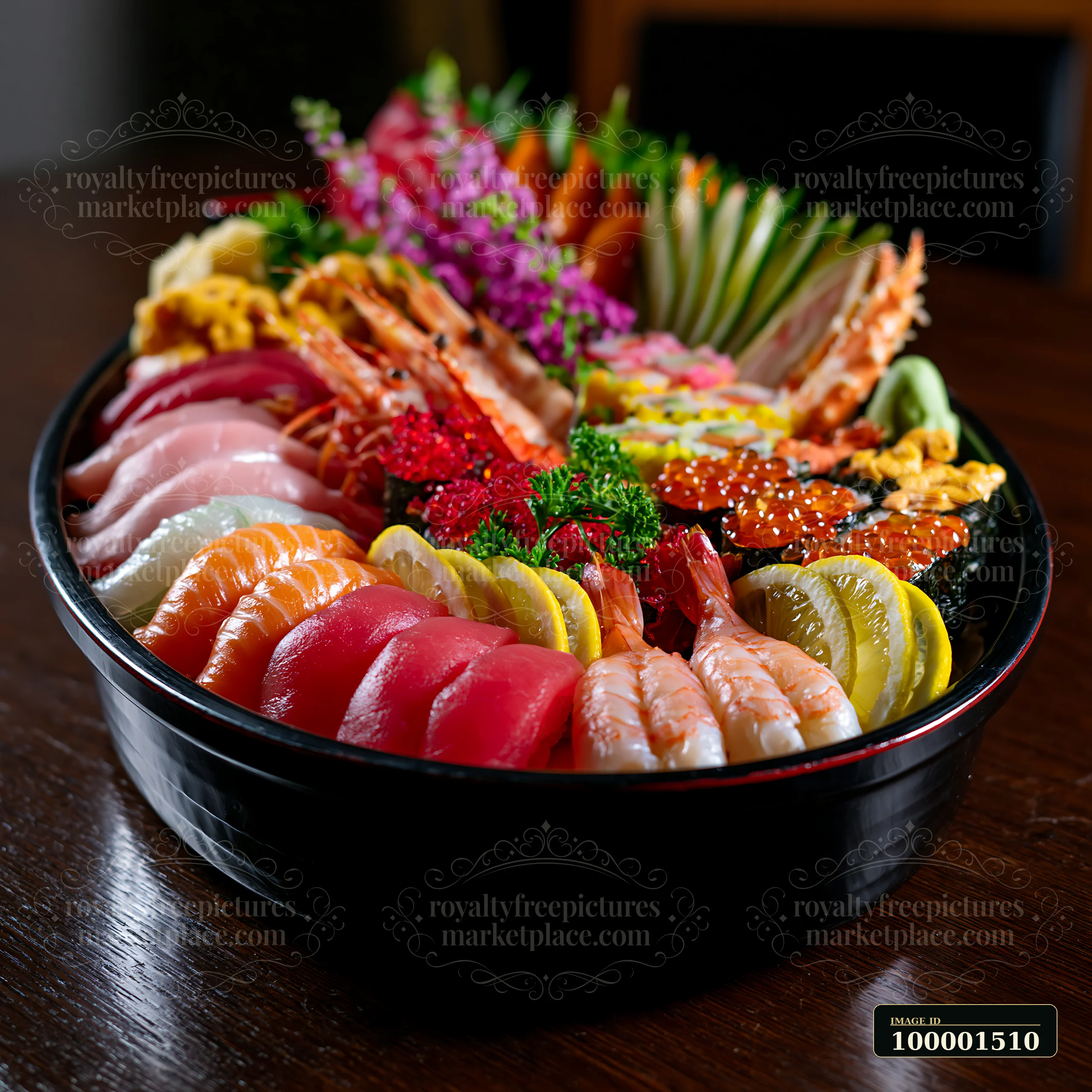 A sushi boat with assorted seafood displays various sushi types, shrimp, and colorful garnishes arranged neatly.