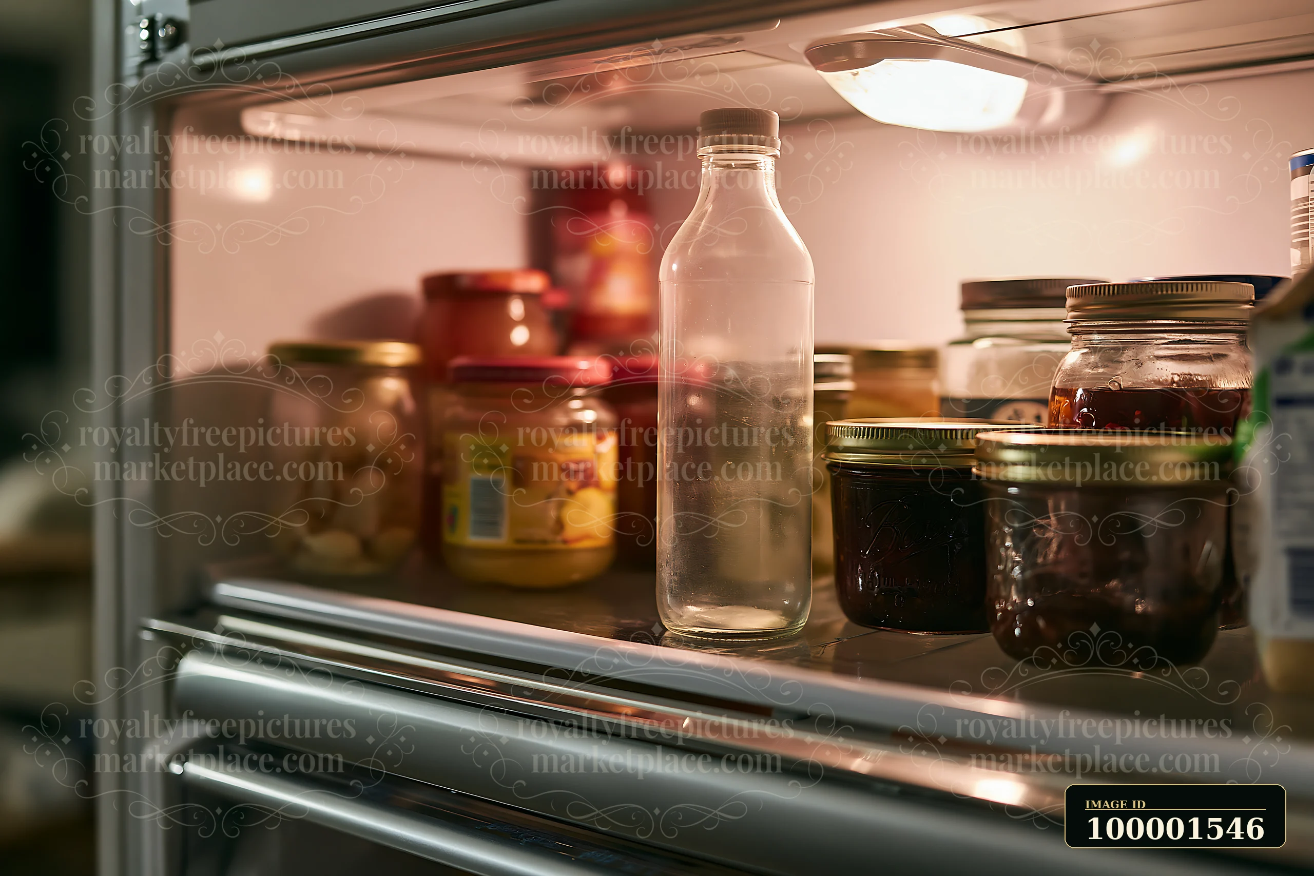 An empty bottle sits on a shelf in a refrigerator alongside various jars and condiments.