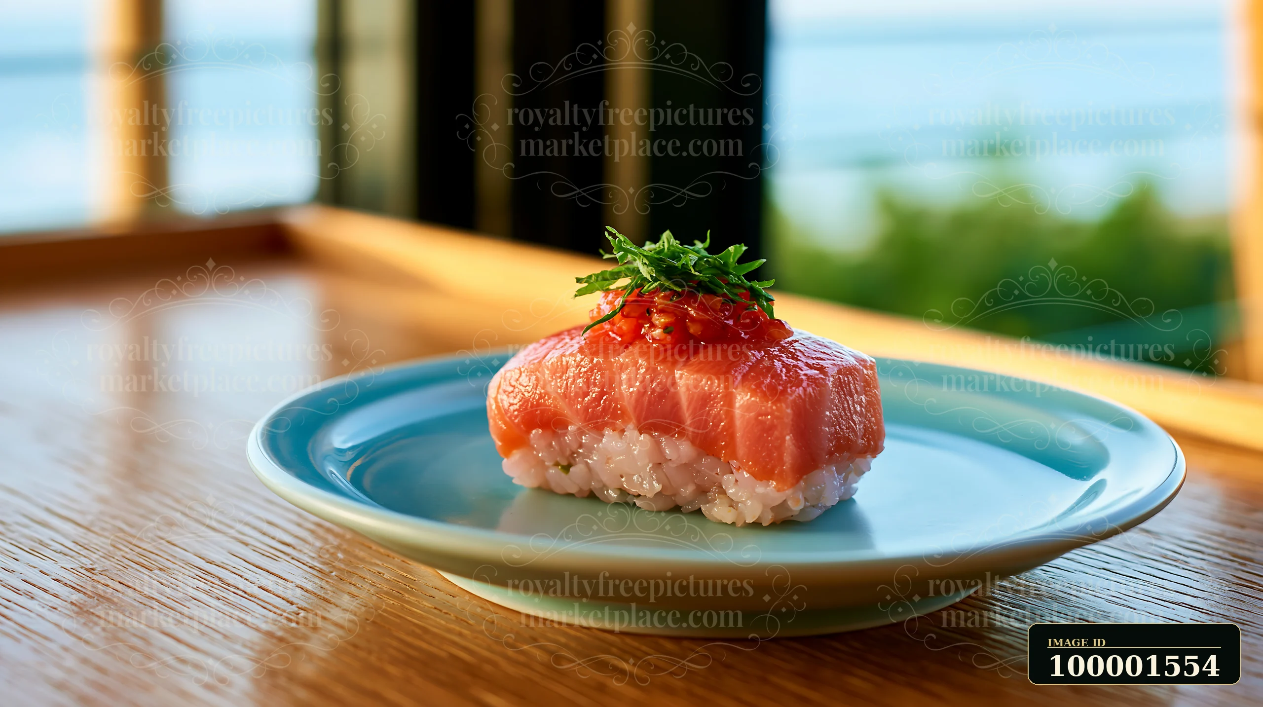 One sushi piece with fresh herb garnish is placed on a light blue plate.