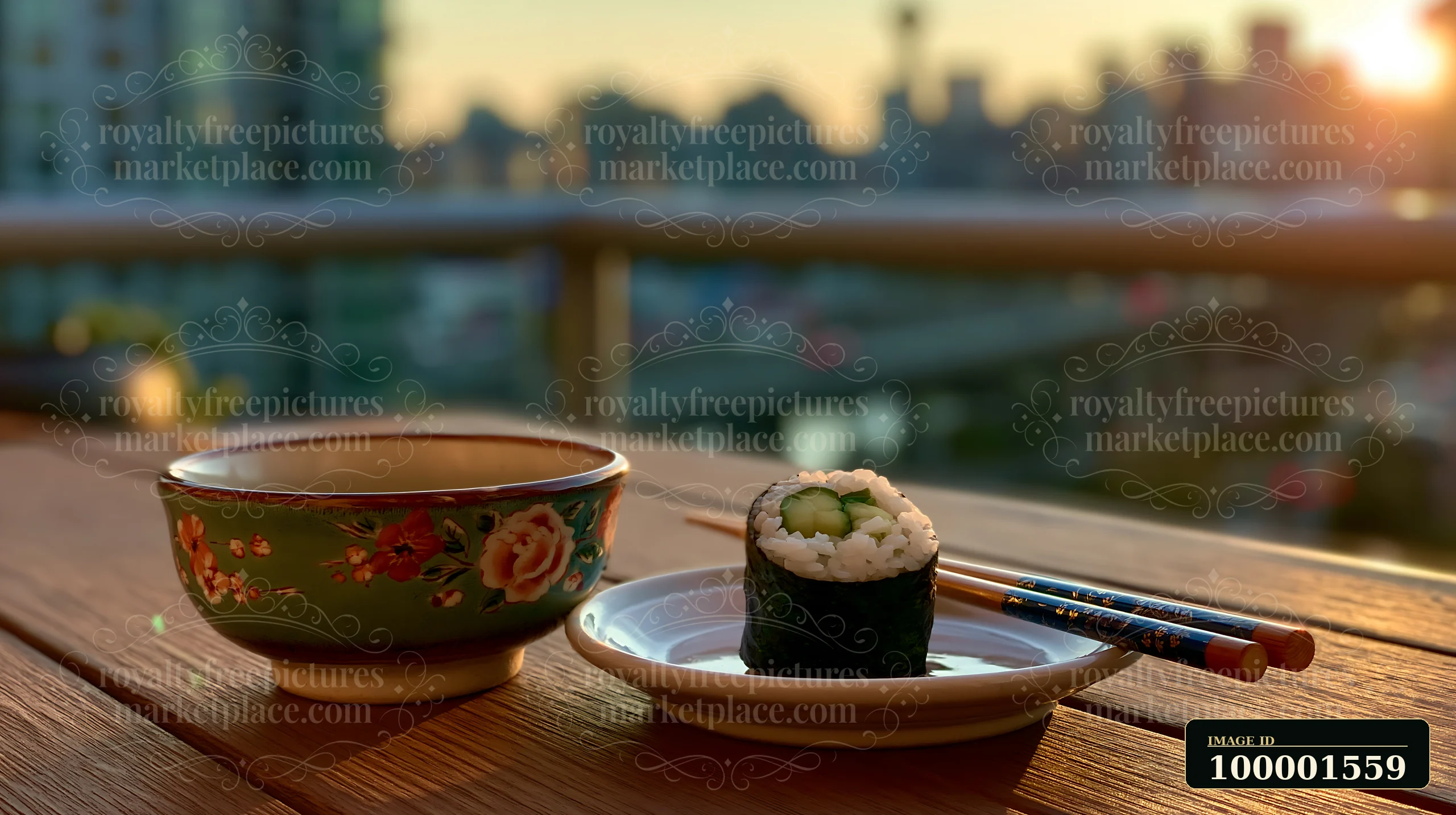A single cucumber maki roll sits on a plate next to a bowl on a wooden table.