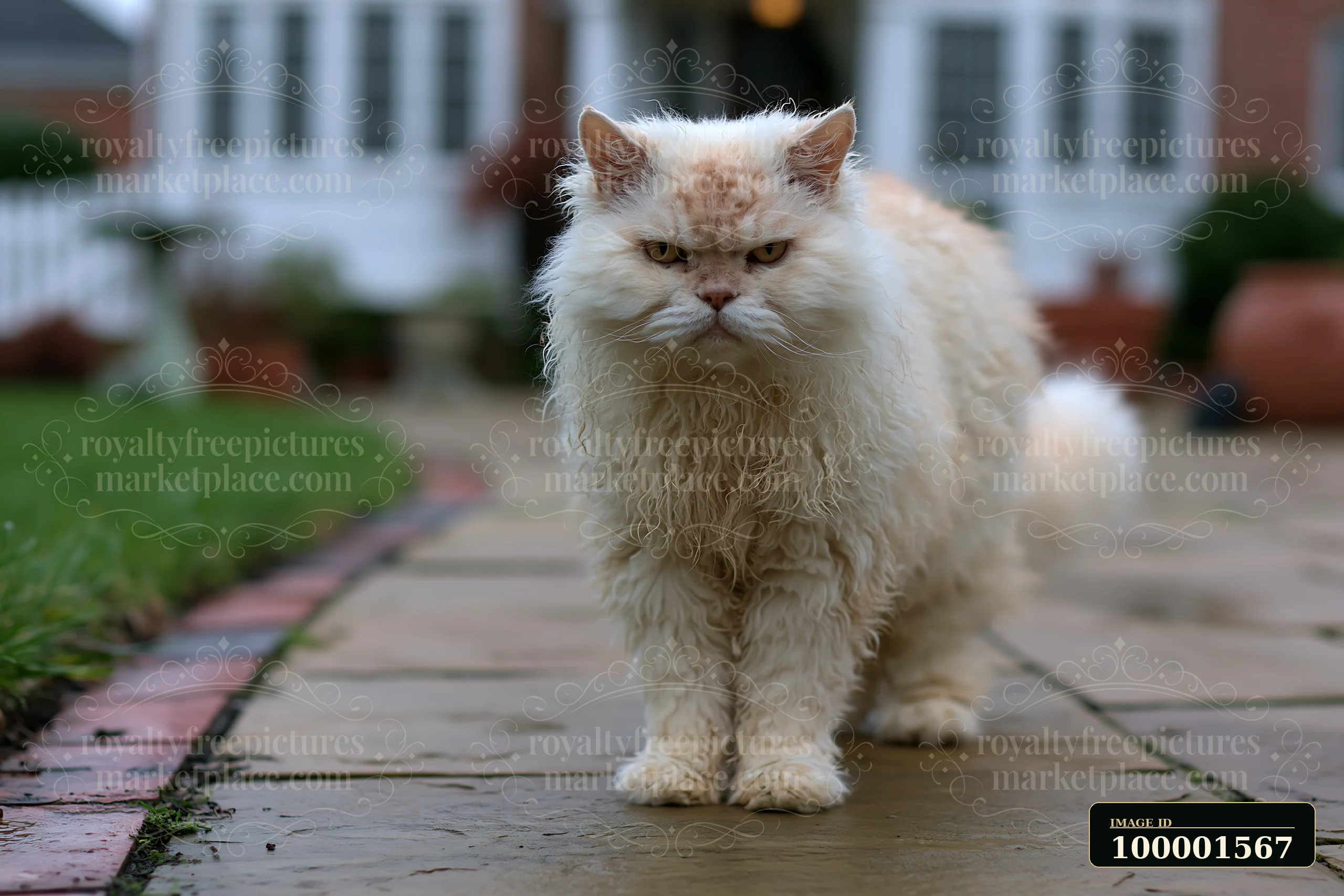 A Selkirk Rex cat walks along a stone path in a garden.