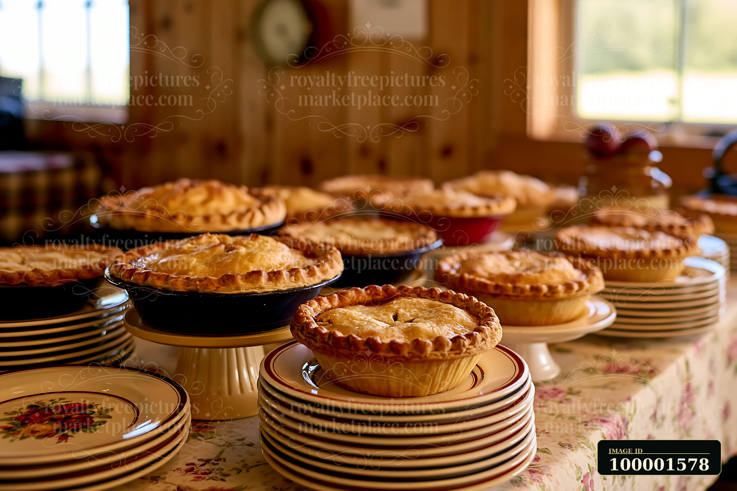A table is set with multiple freshly baked pies surrounded by plates at a charity event buffet.