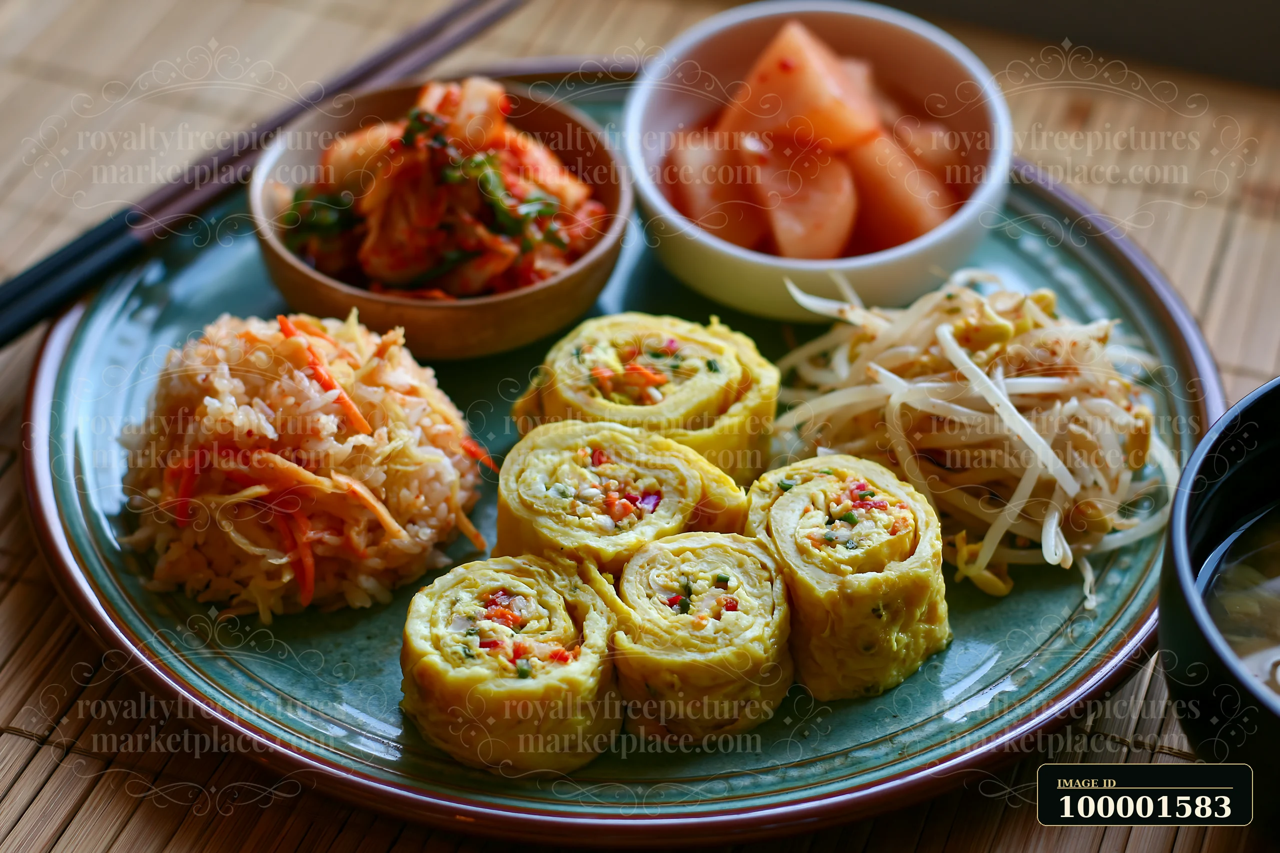 A breakfast plate with Korean breakfast features rolled omelet, kimchi, bean sprout salad, and pickled radish.