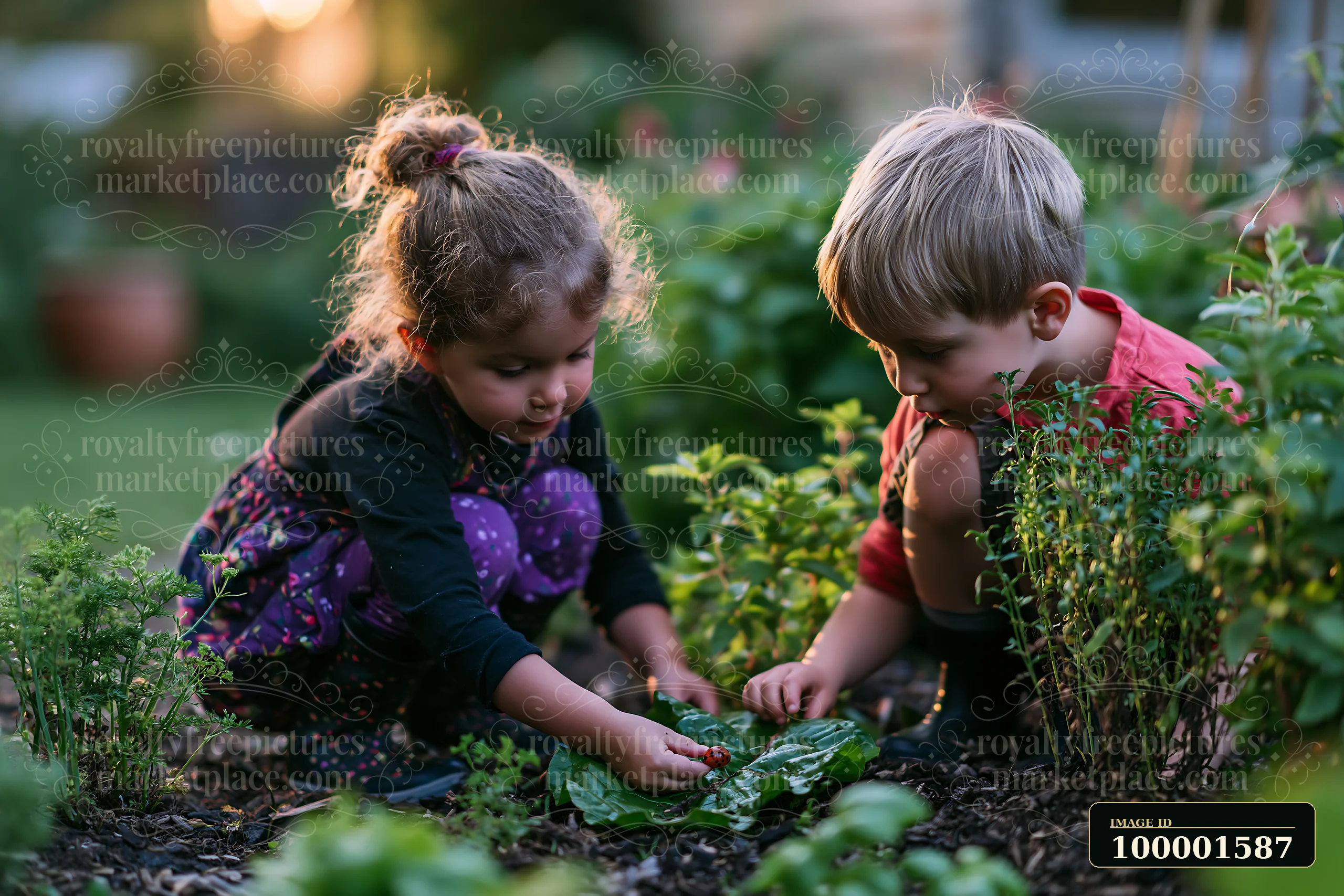 Two children are playing in a farmhouse garden, gathering fresh vegetables from the soil.