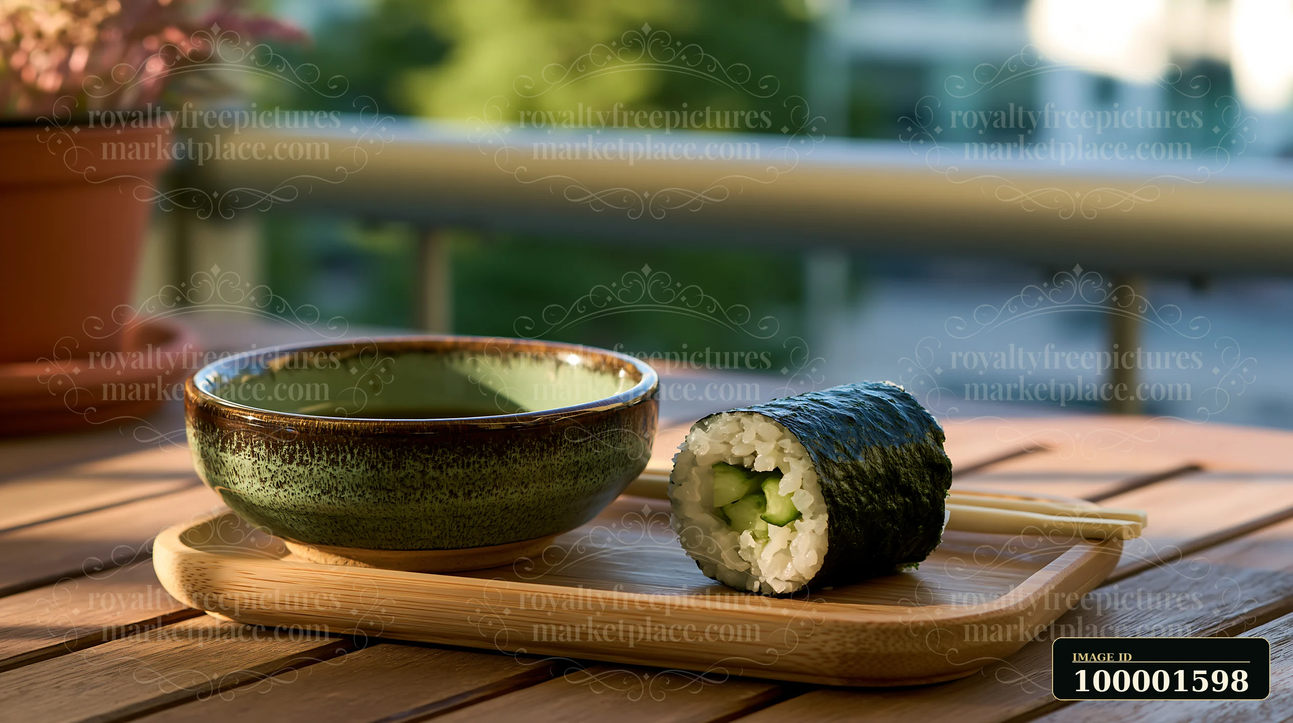 A single cucumber maki roll sits on a wooden serving tray next to a bowl.