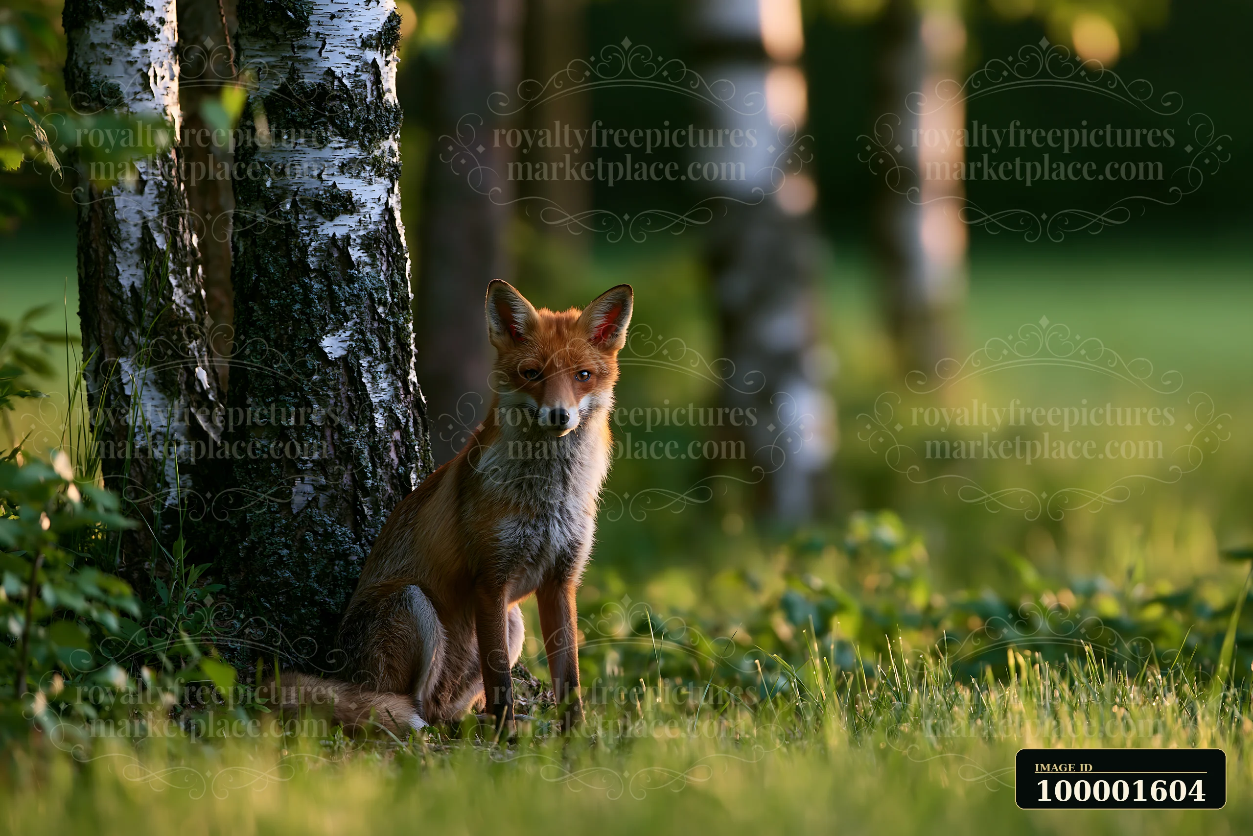 A fox sits near a tree in a shaded meadow in woodland clearing.