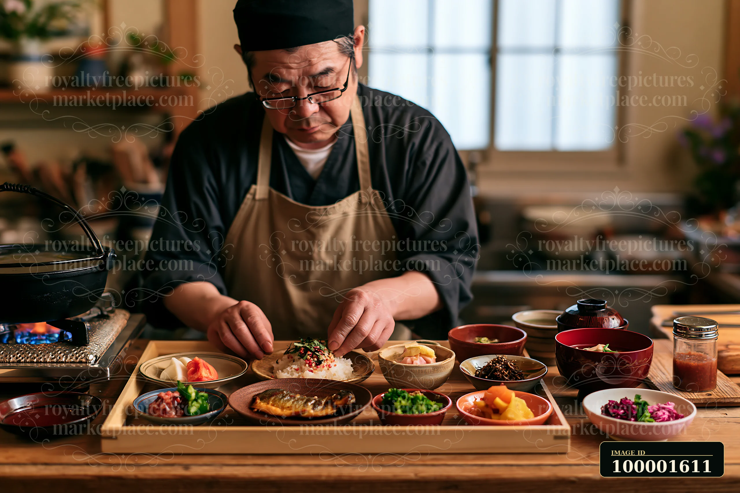 A chef carefully assembles a traditional sushi breakfast in Japan, placing various dishes on a wooden tray.