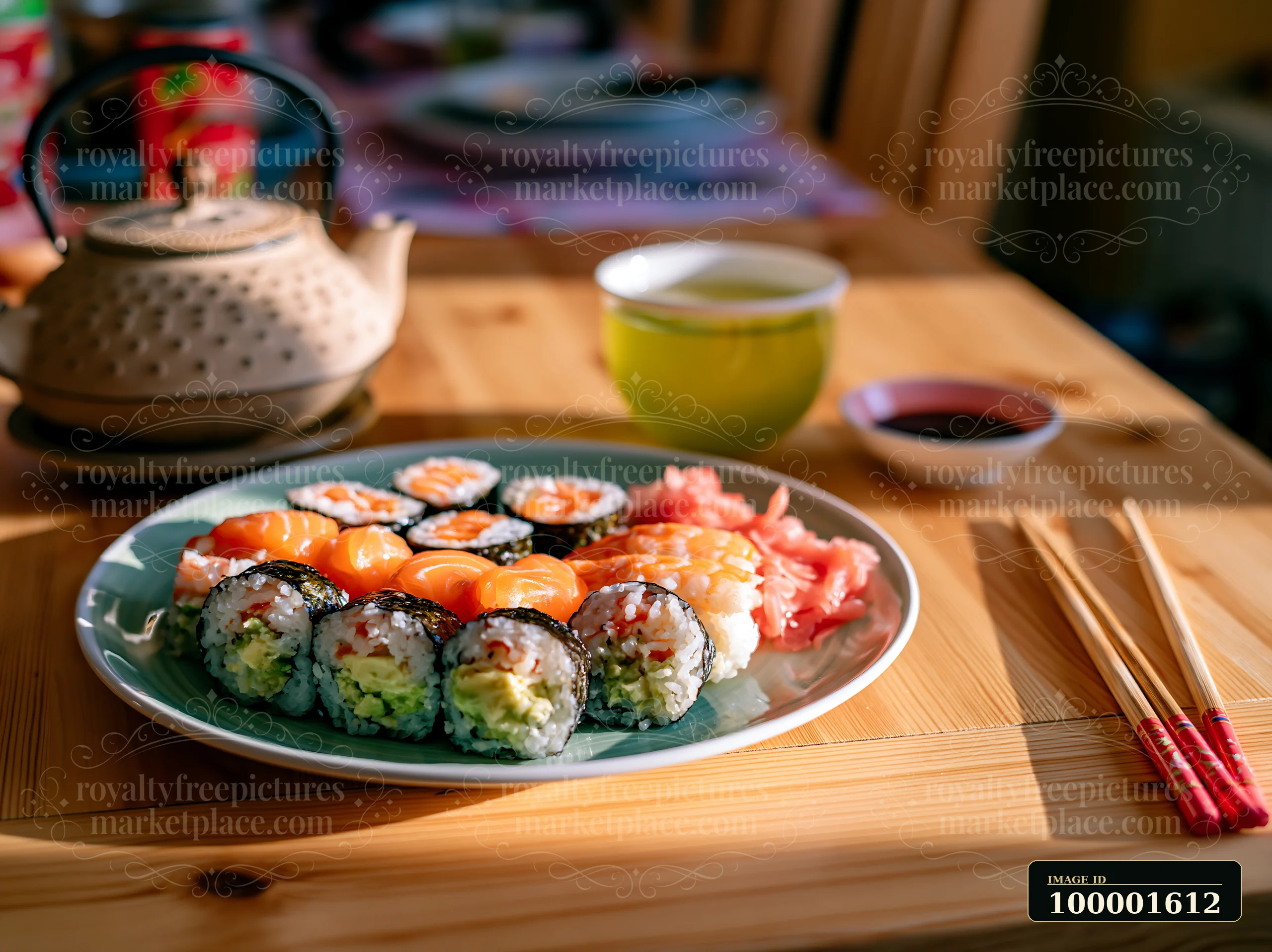 Freshly prepared sushi close-up features a variety of rolls and sashimi arranged on a plate.