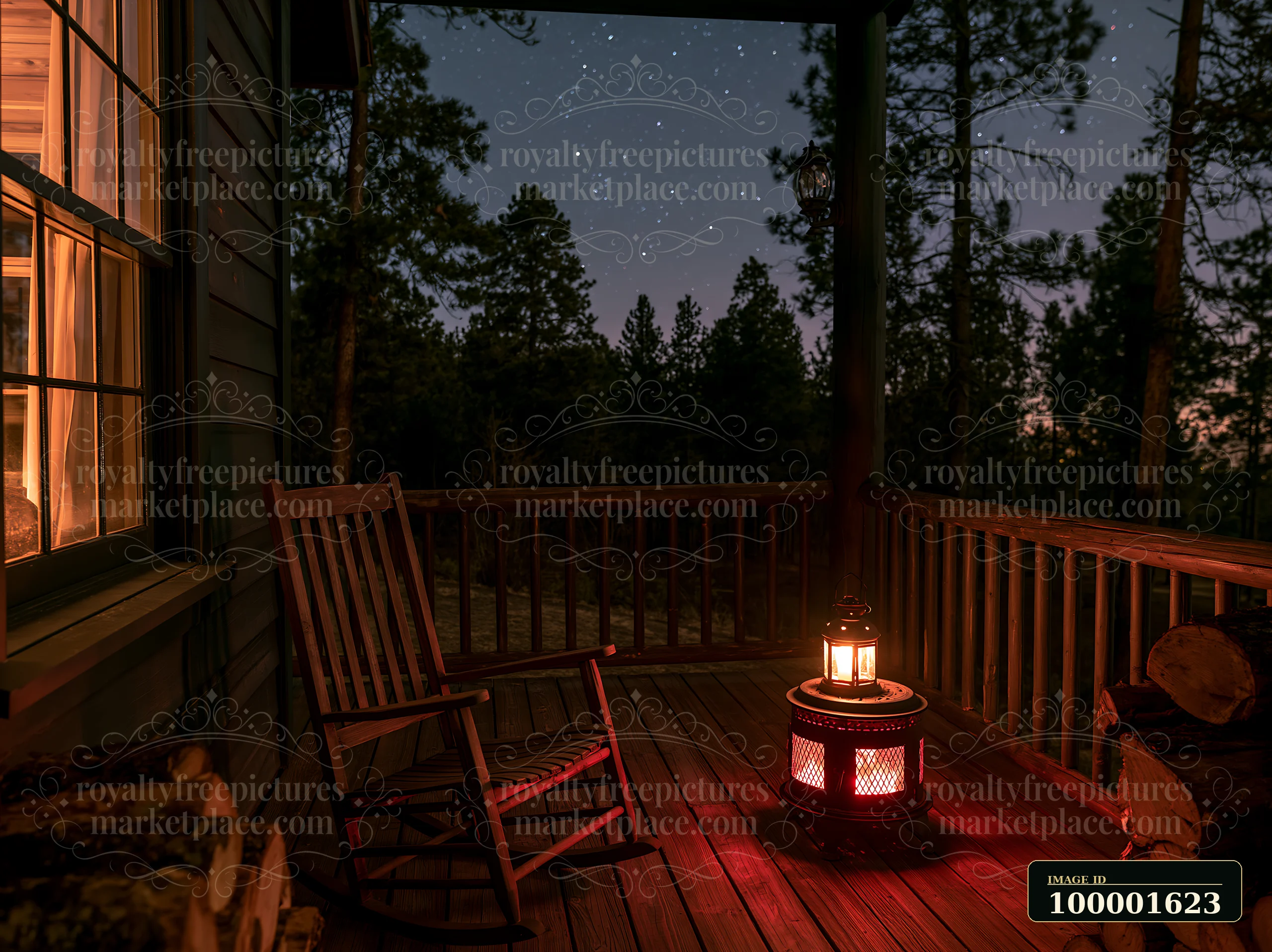 A warm porch features a rocking chair and a lantern, with a starry night above a pine forest.