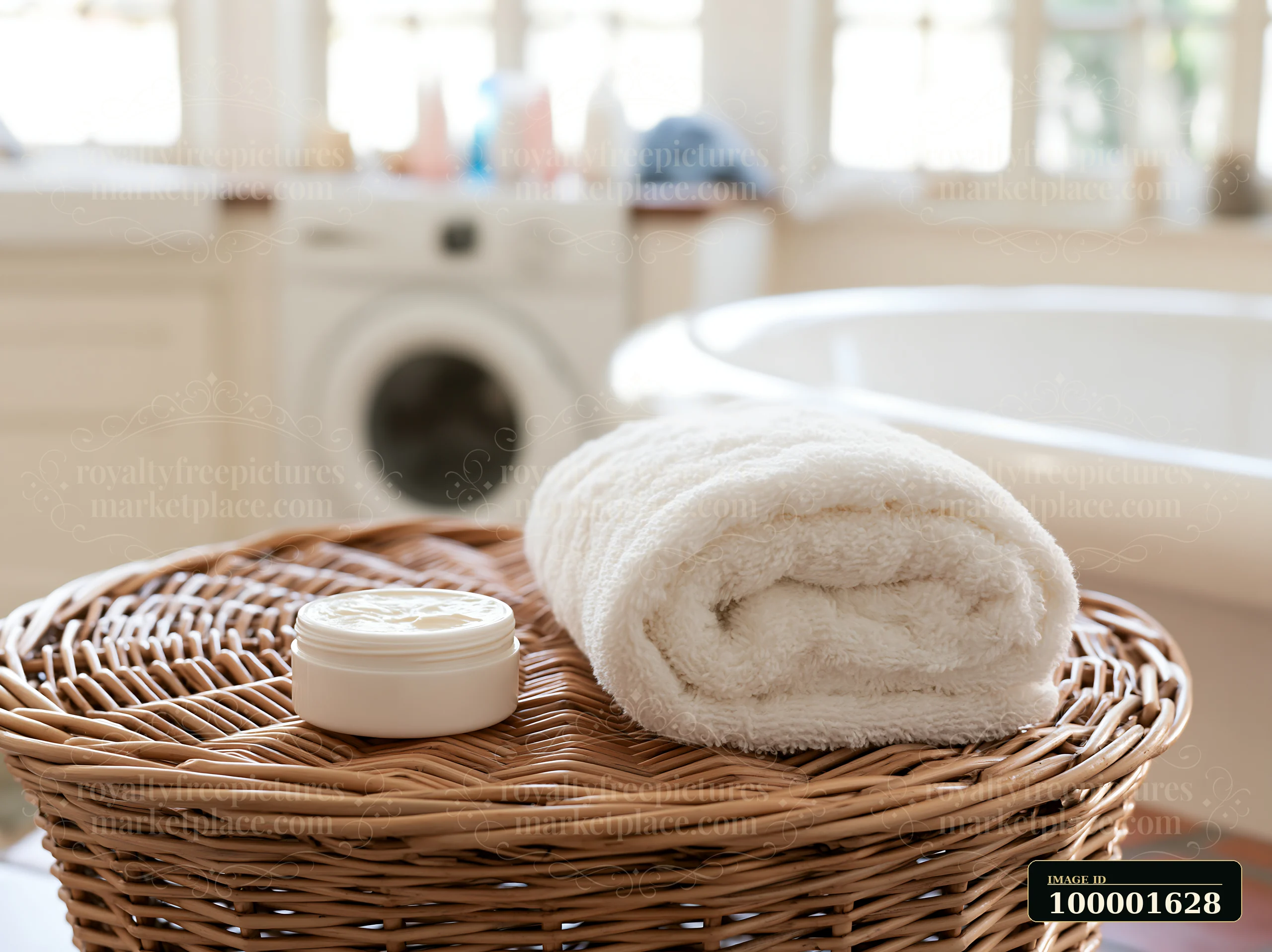 A cream dose beside folded white towel sits on a wicker basket near a bathroom setting.
