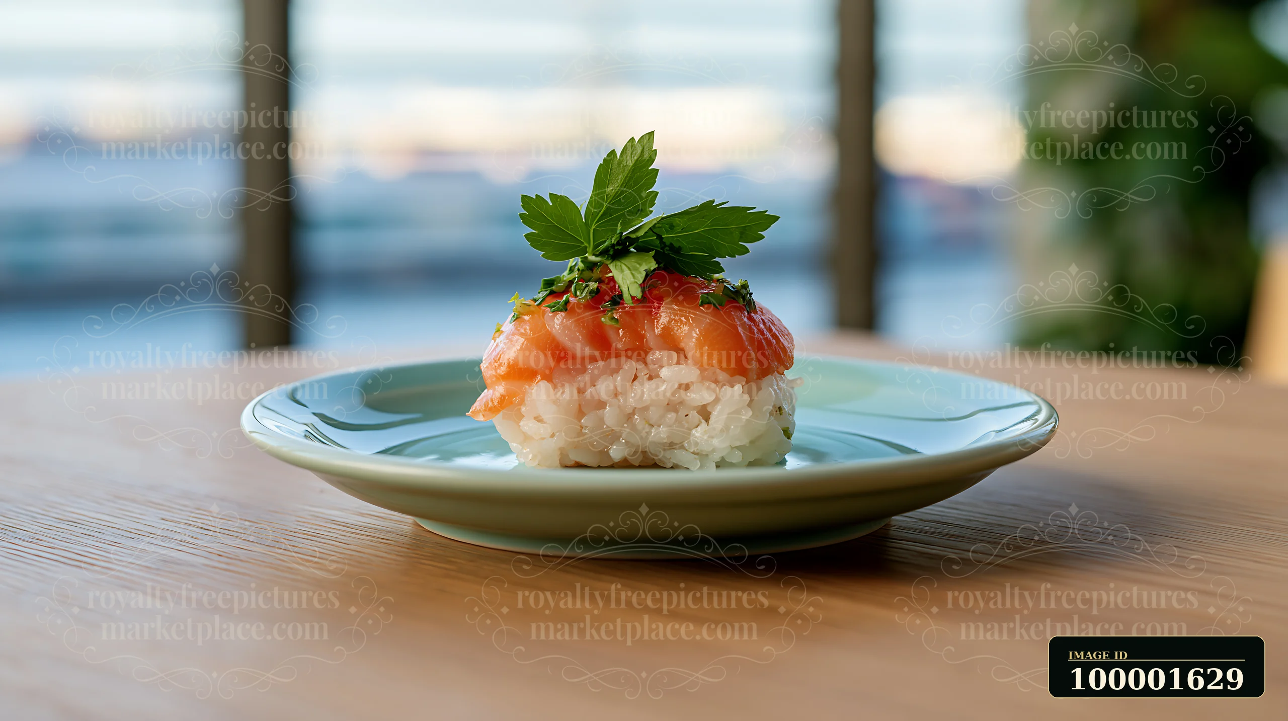 One sushi piece with fresh herb garnish sits on a light plate.