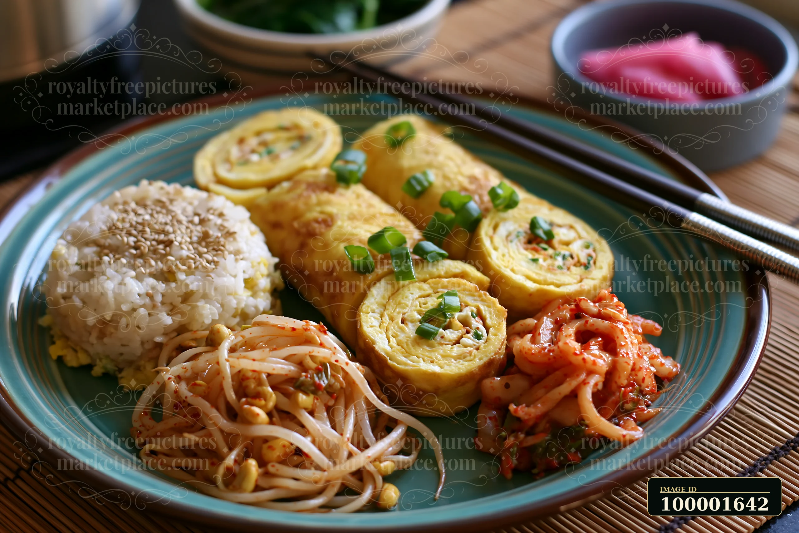 A breakfast plate with Korean breakfast includes a serving of rice, rolled omelet, and side dishes like kimchi and bean sprout salad.