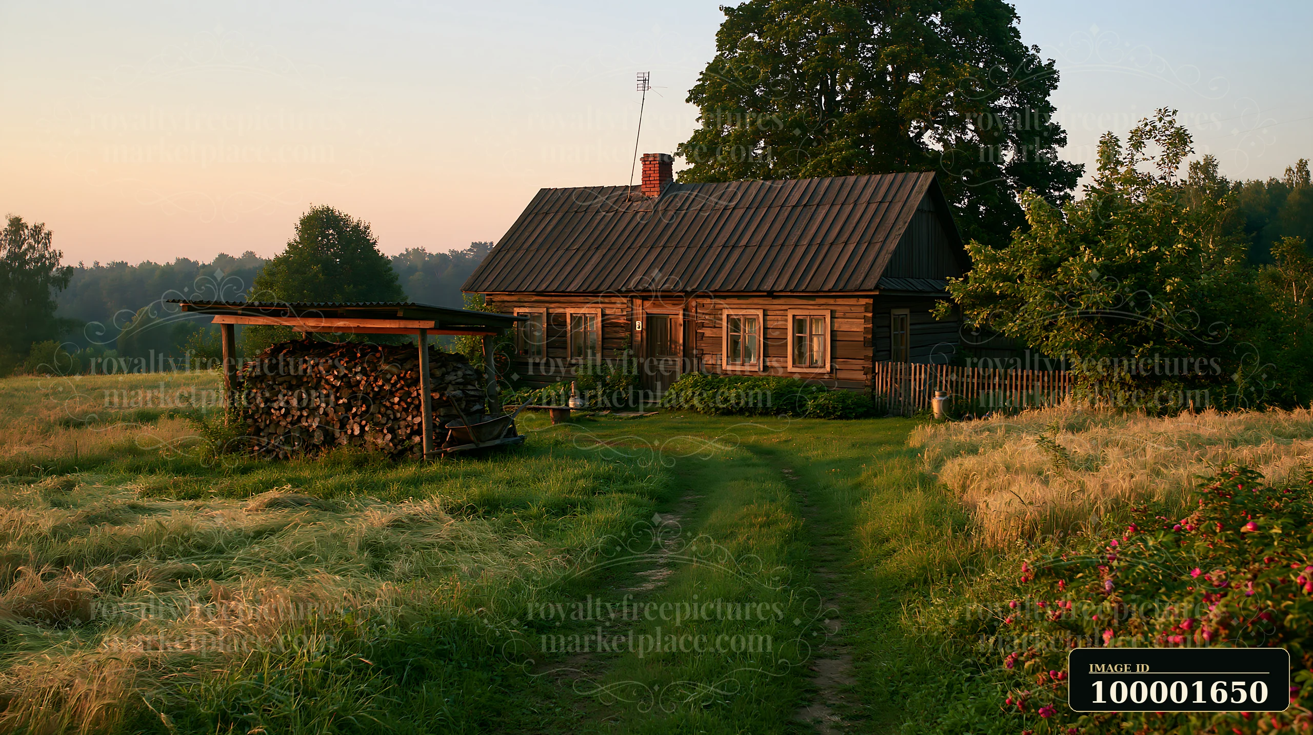 A rural cottage with firewood stack stands in a grassy field surrounded by trees.
