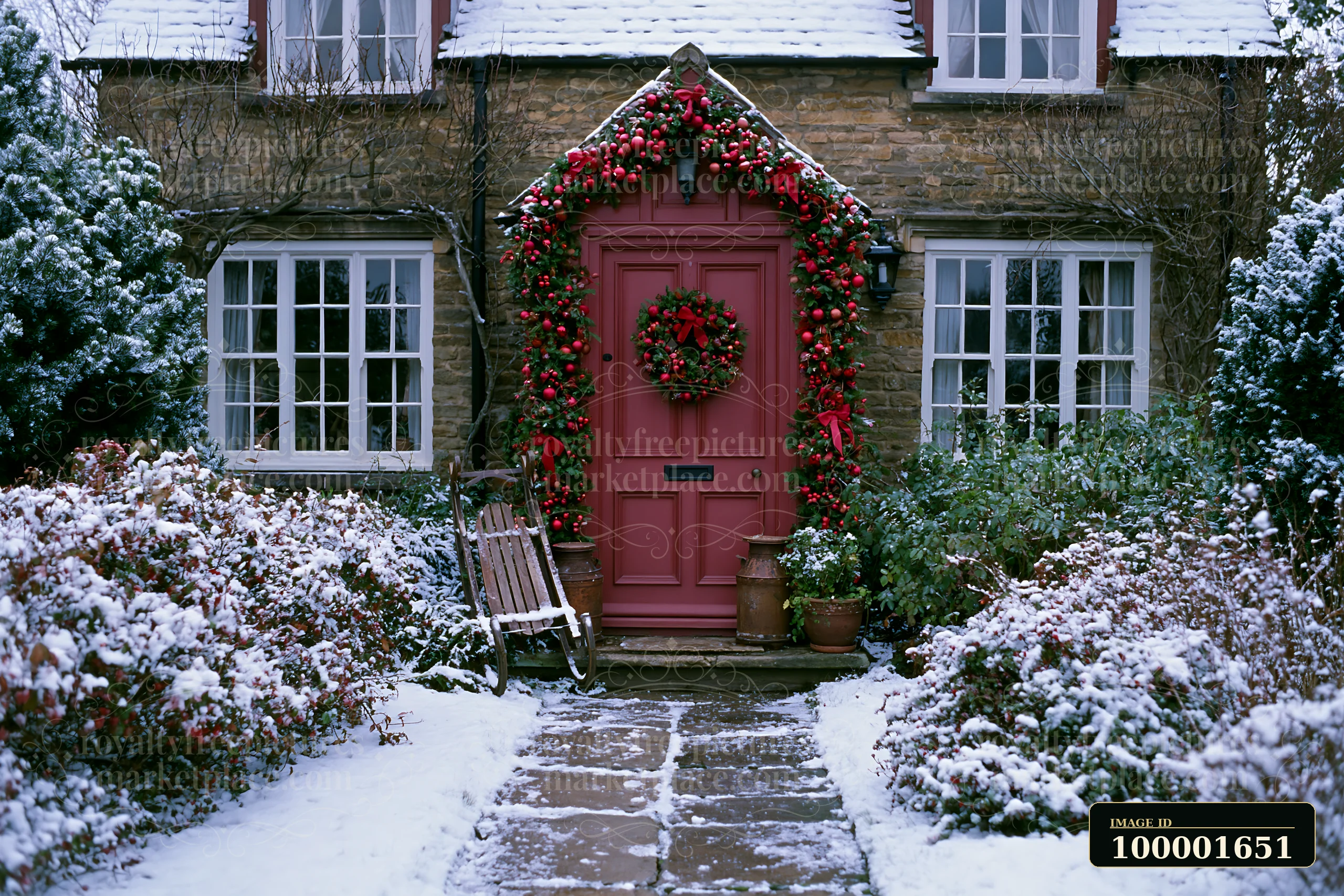 Snow covers the ground around a country cottage with Christmas decorations.