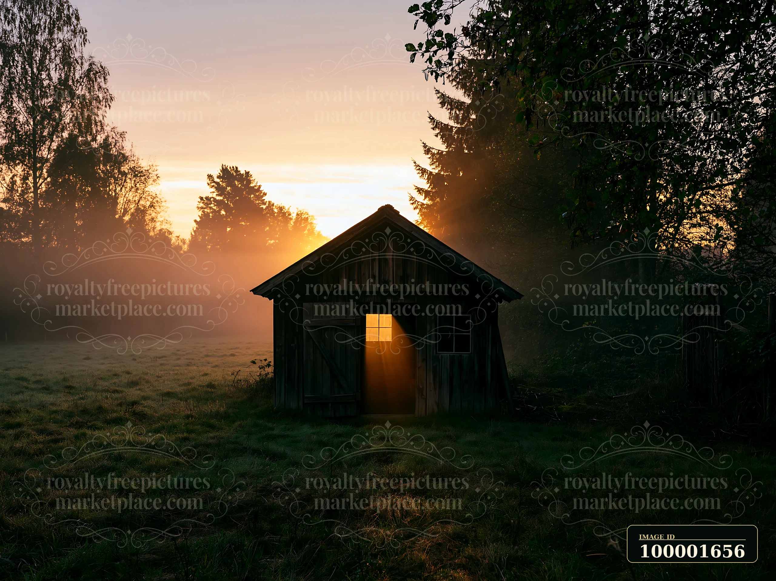 Sunbeams over a misty meadow highlight a rustic cabin surrounded by tall trees.