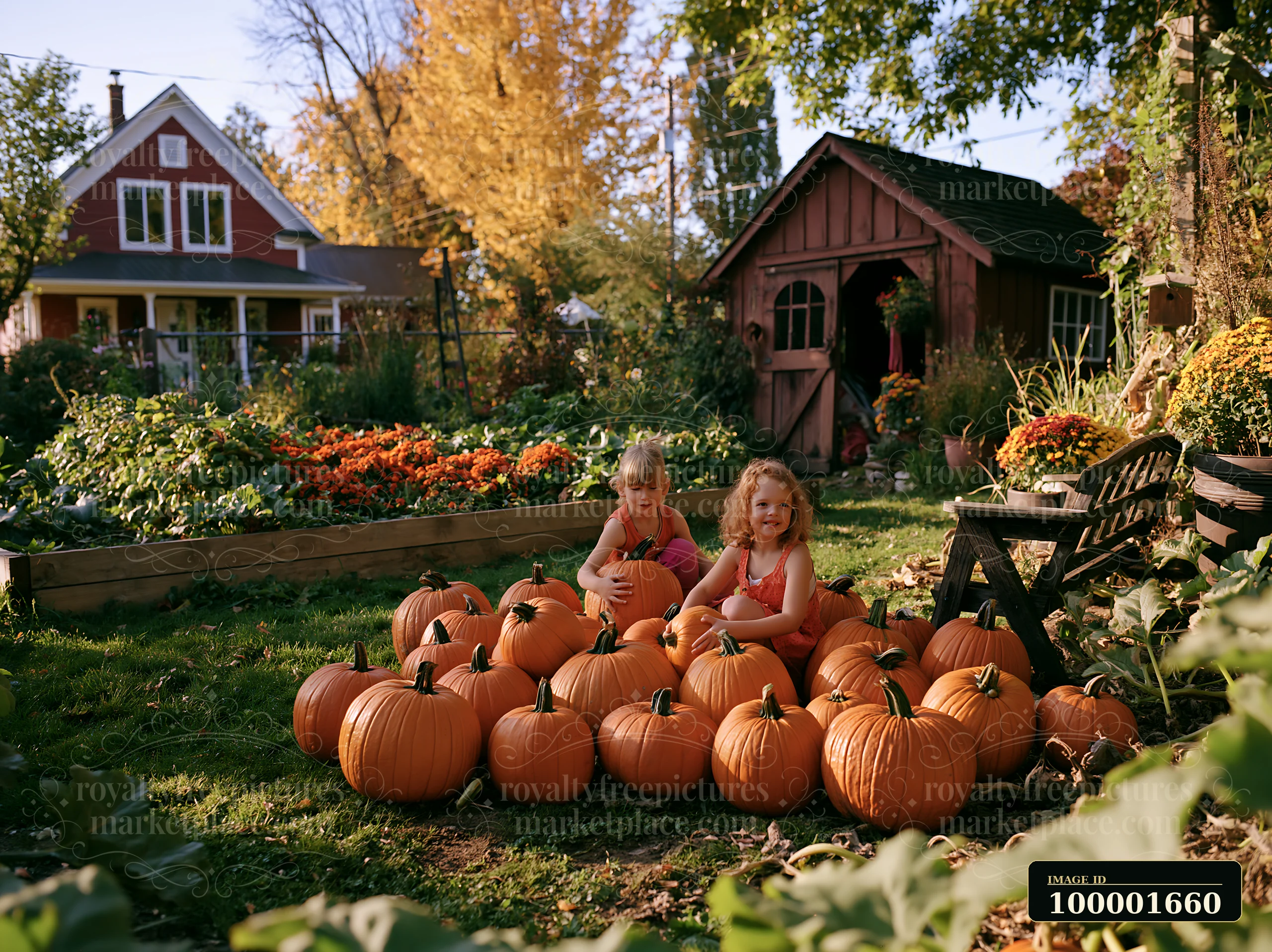 Two children sit among pumpkins in a farmhouse garden filled with colorful flowers and greenery.