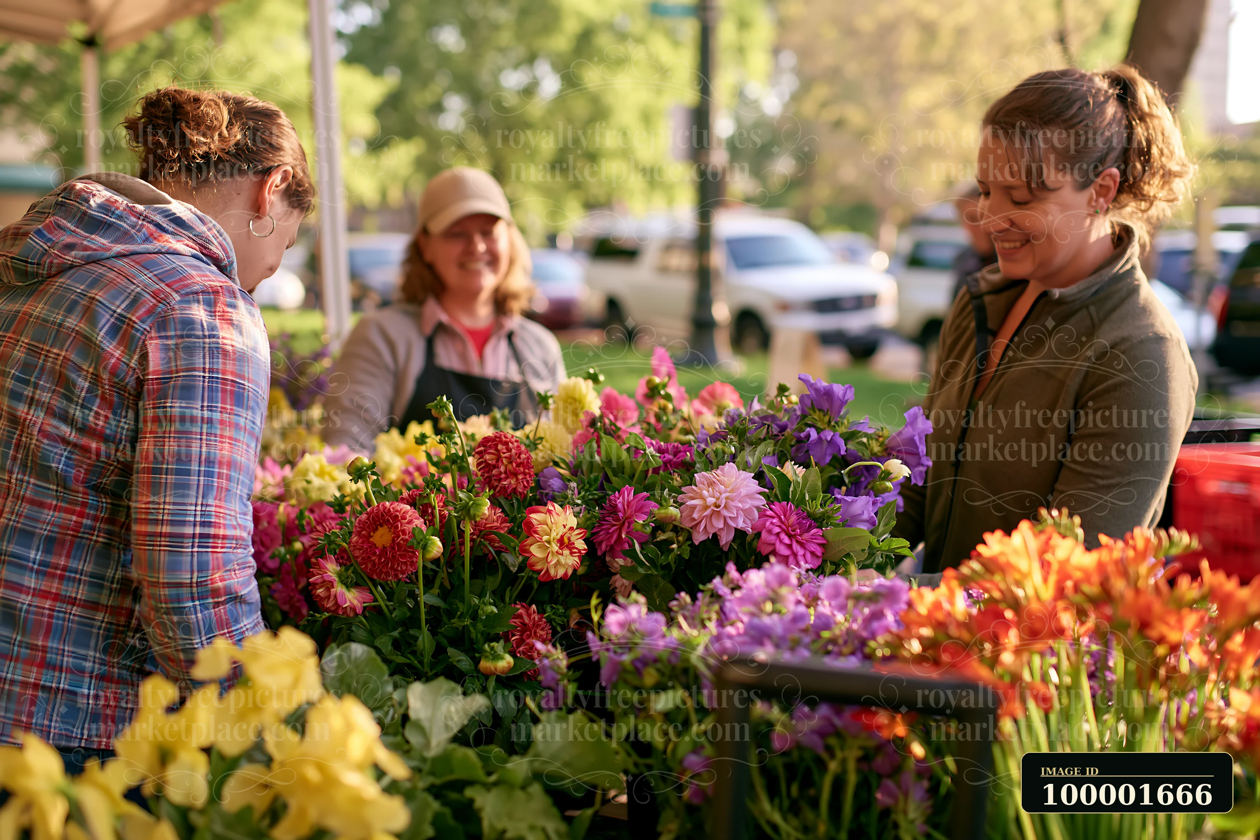 Bright flowers are displayed at a farmers market where vendors and shoppers engage.