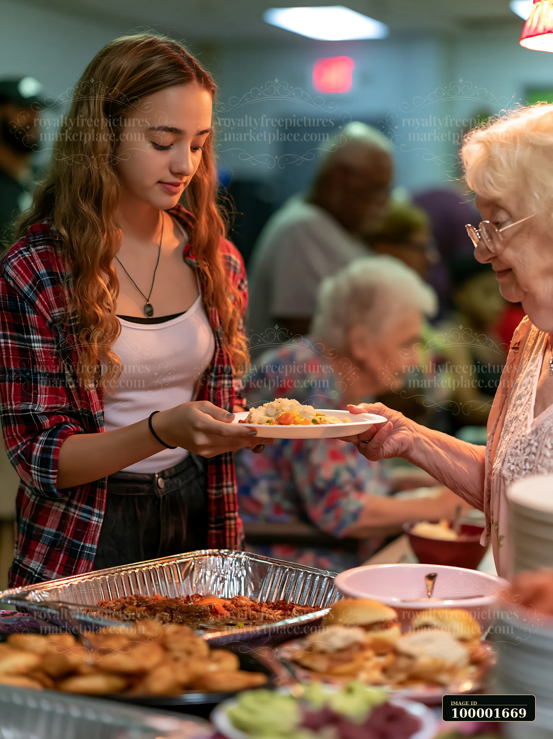 A young woman serves food at a community potluck buffet in a lively setting.