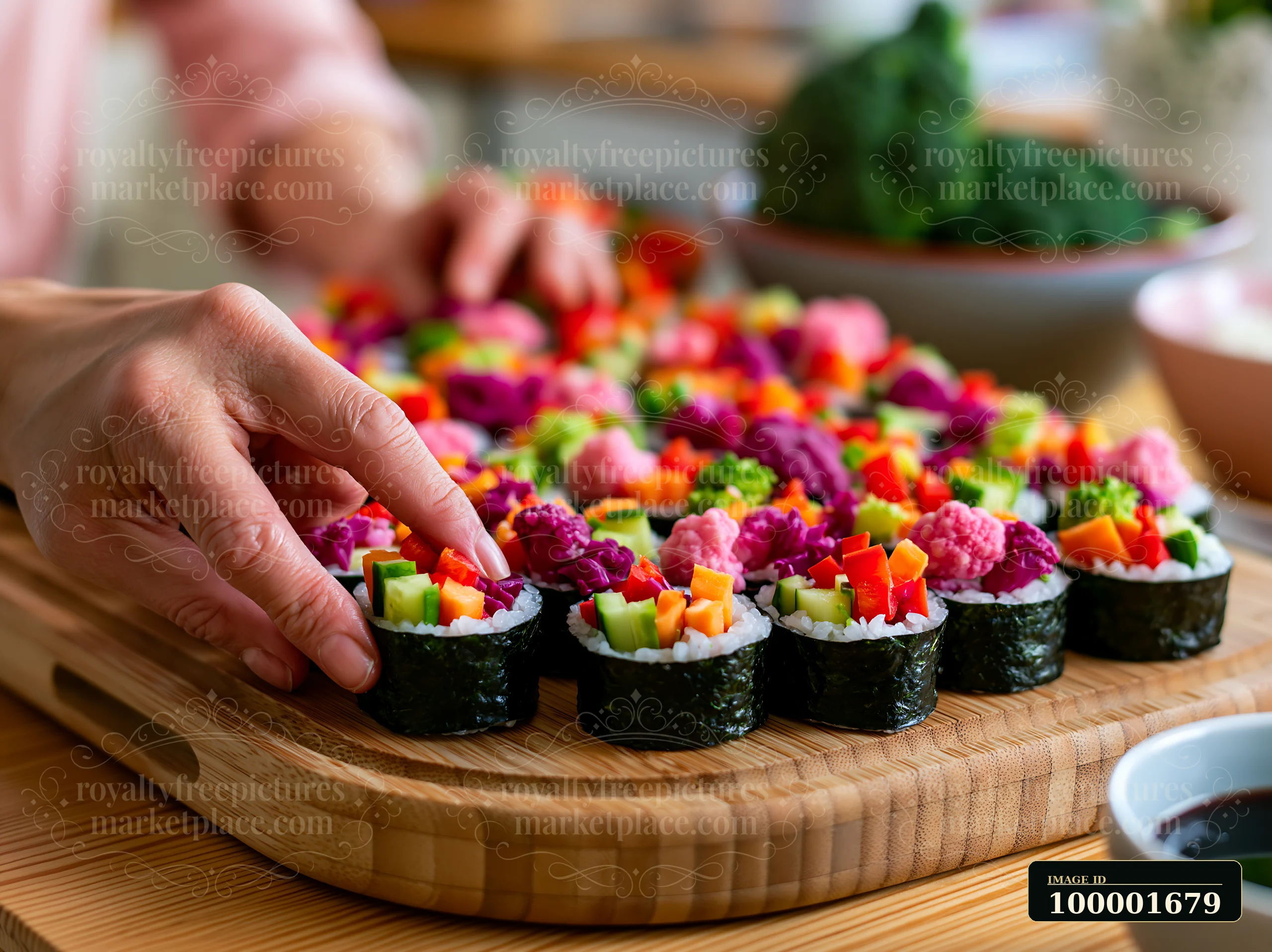 A hand places a colorful sushi roll on a wooden board covered with various vegetable sushi.