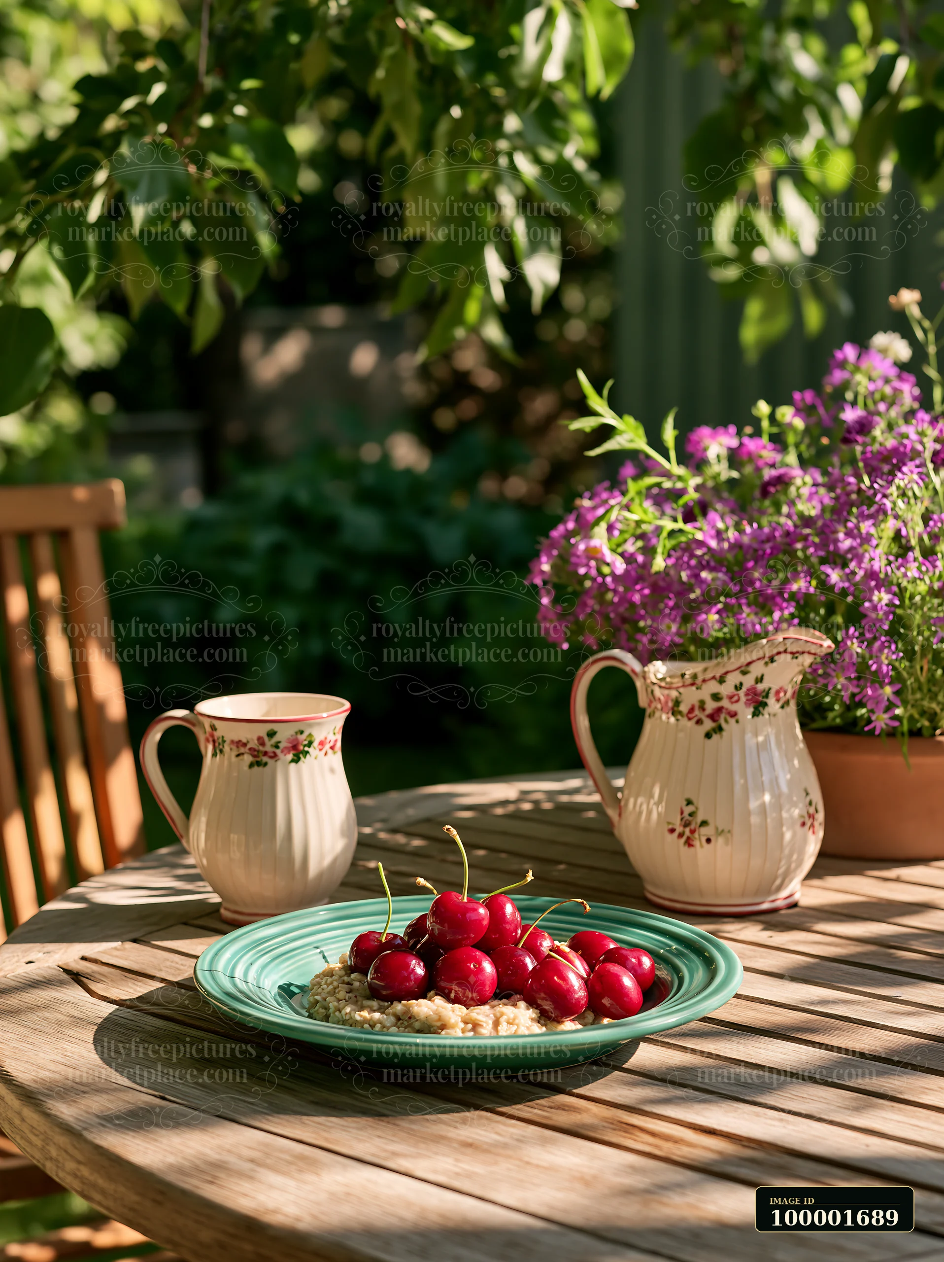 A breakfast plate with muesli topped with cherries sits on a wooden table in a garden.