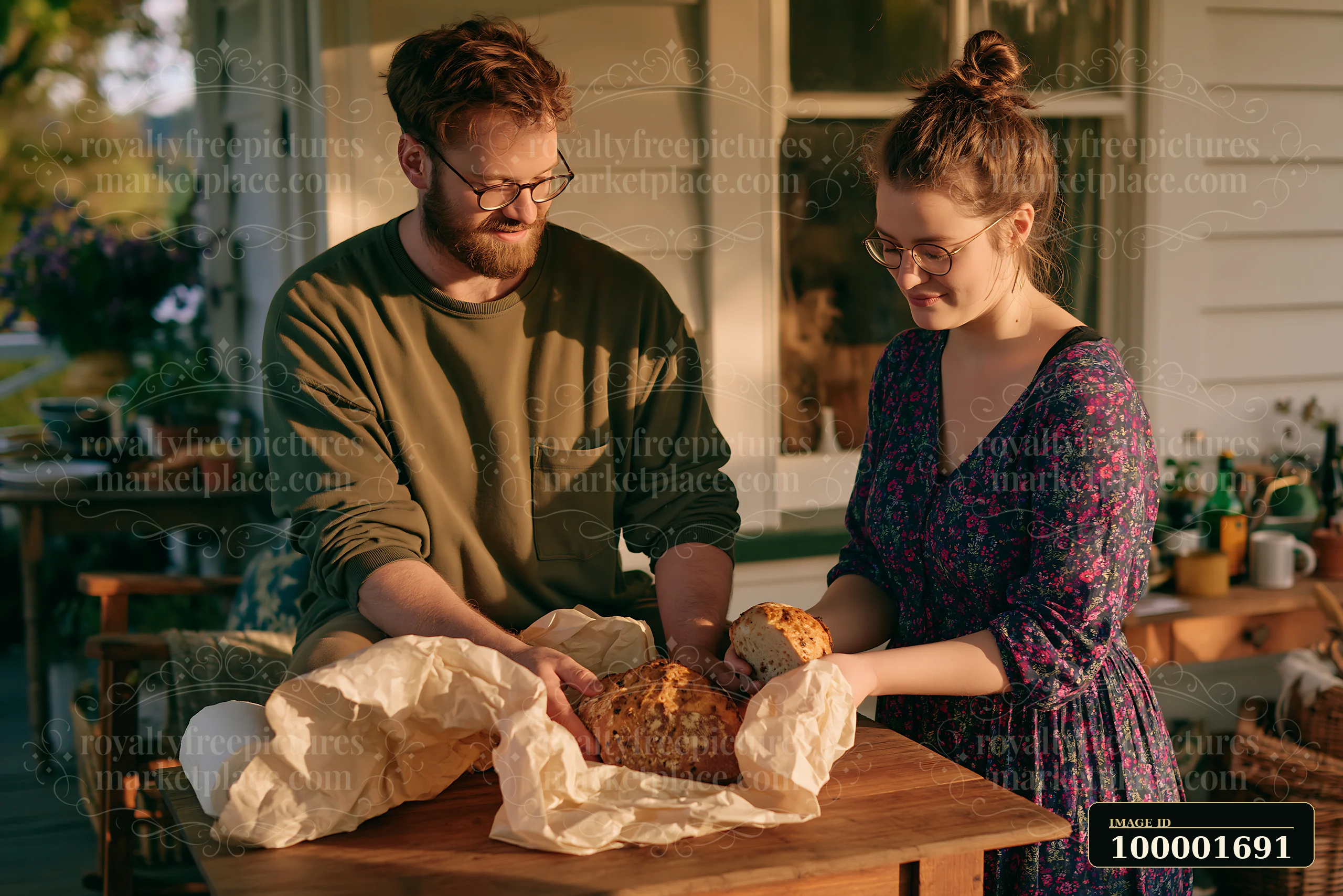 A couple on cottage porch shares freshly baked bread as they smile at each other.