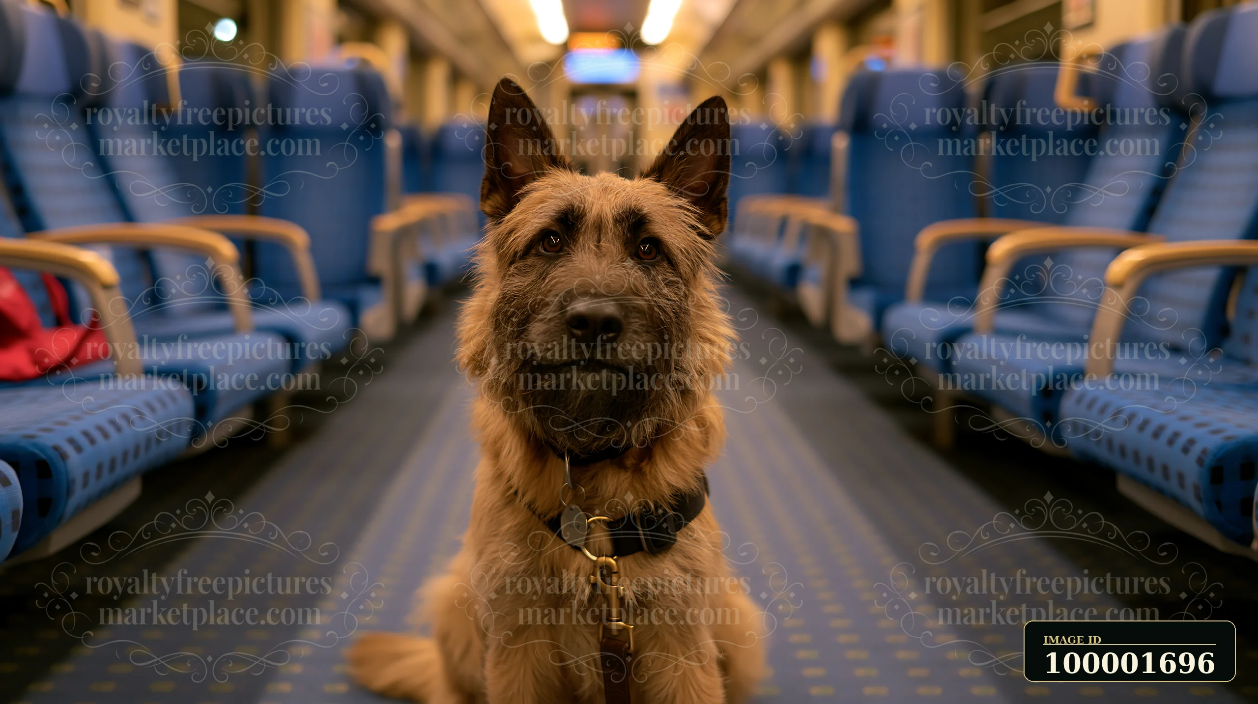 A rare dog breed is sitting calmly in a train carriage.