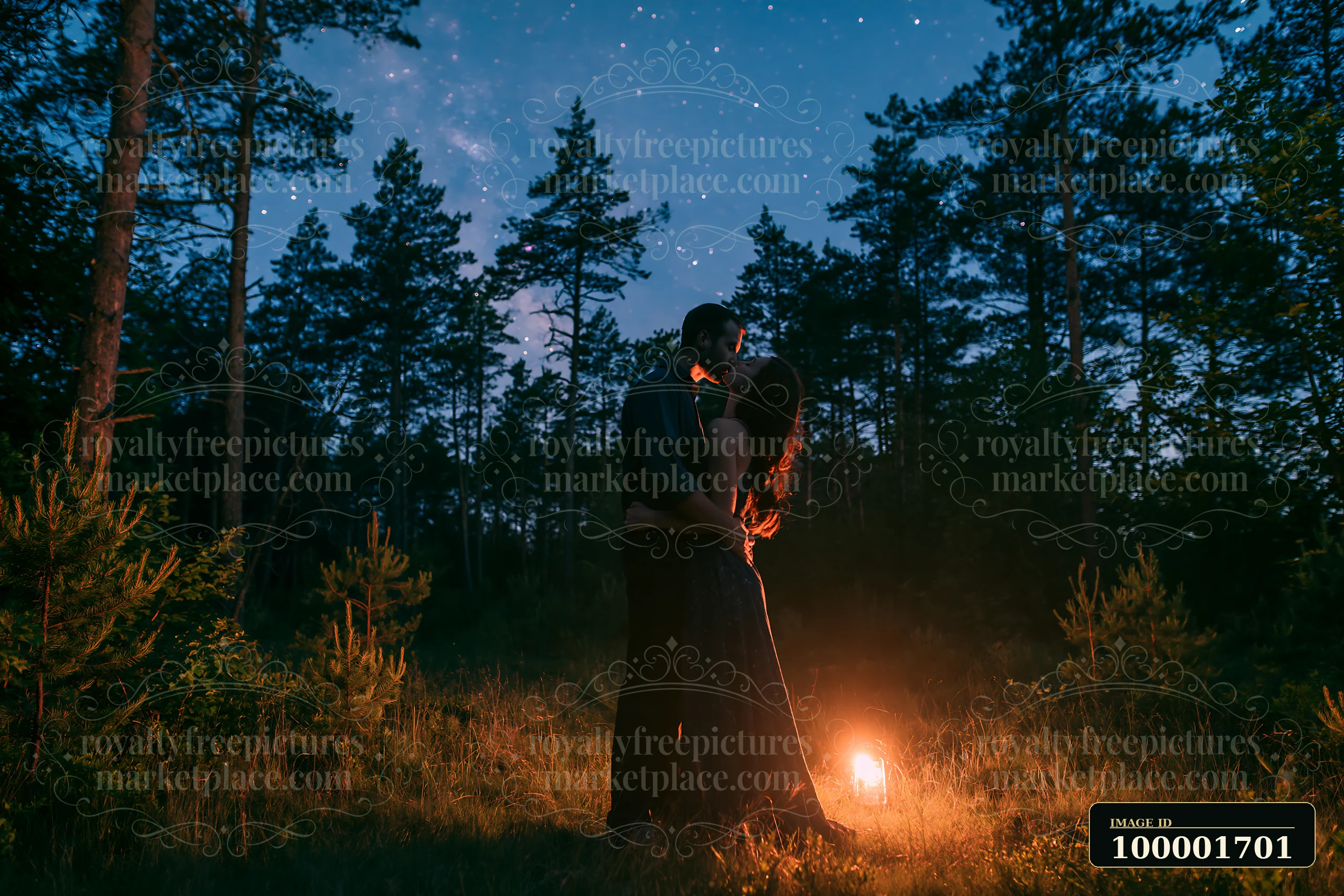 A couple kissing under stars in a forest clearing with trees surrounding them at night.