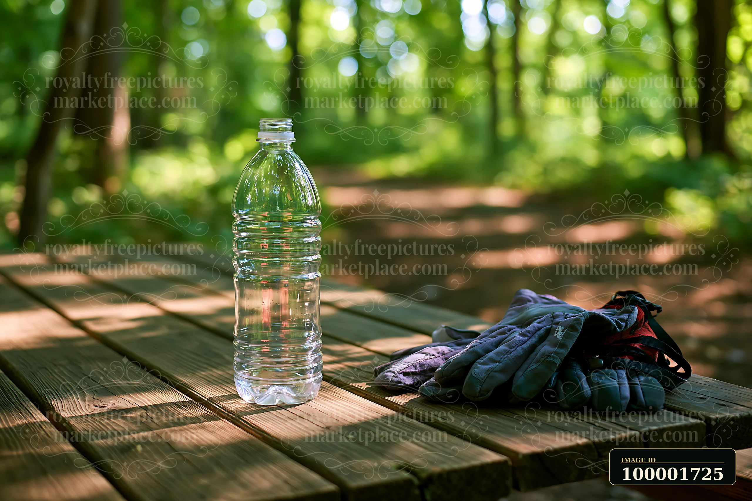 An empty bottle on a picnic table is placed in a forest setting.