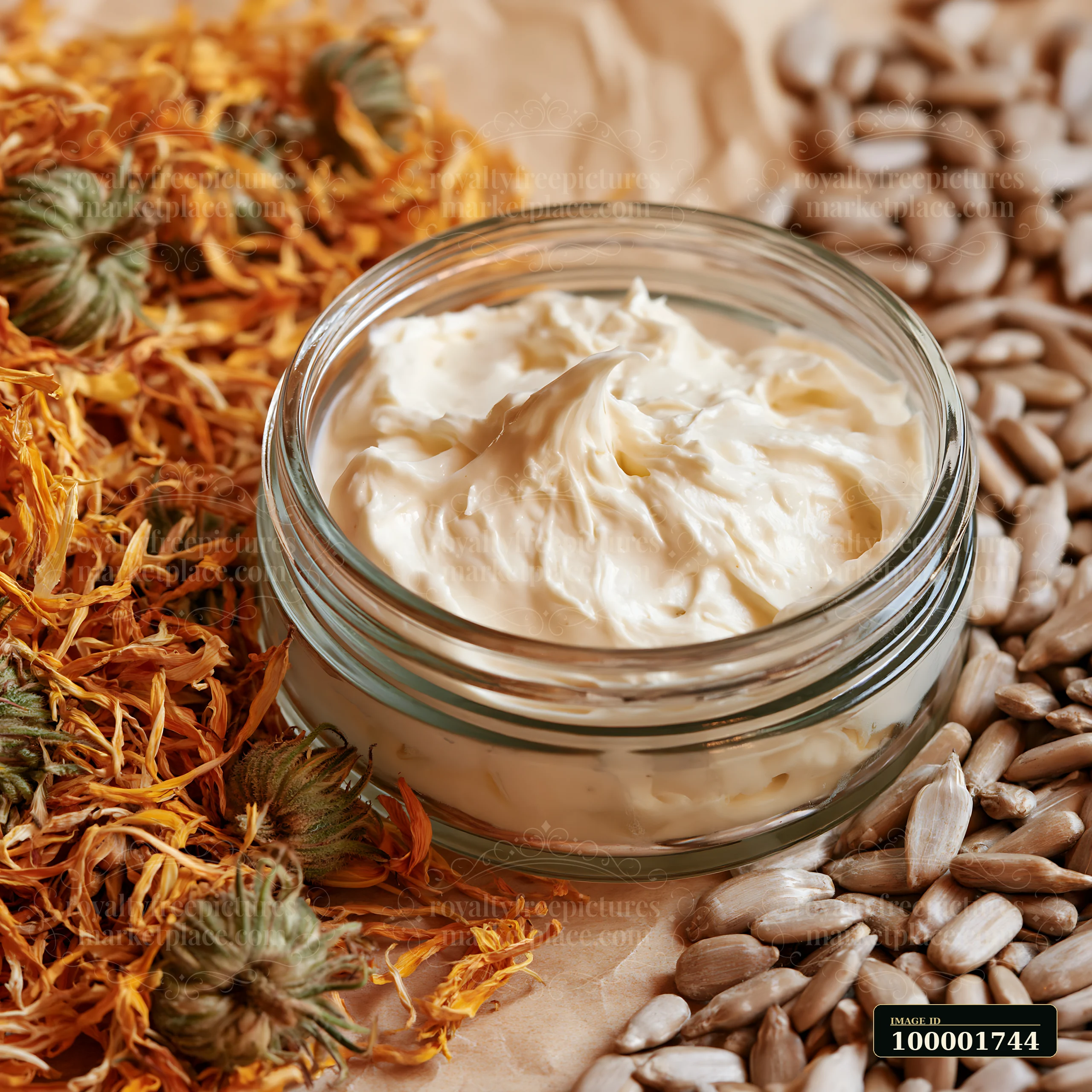 A cream dose with natural skincare ingredients is placed on a textured surface.