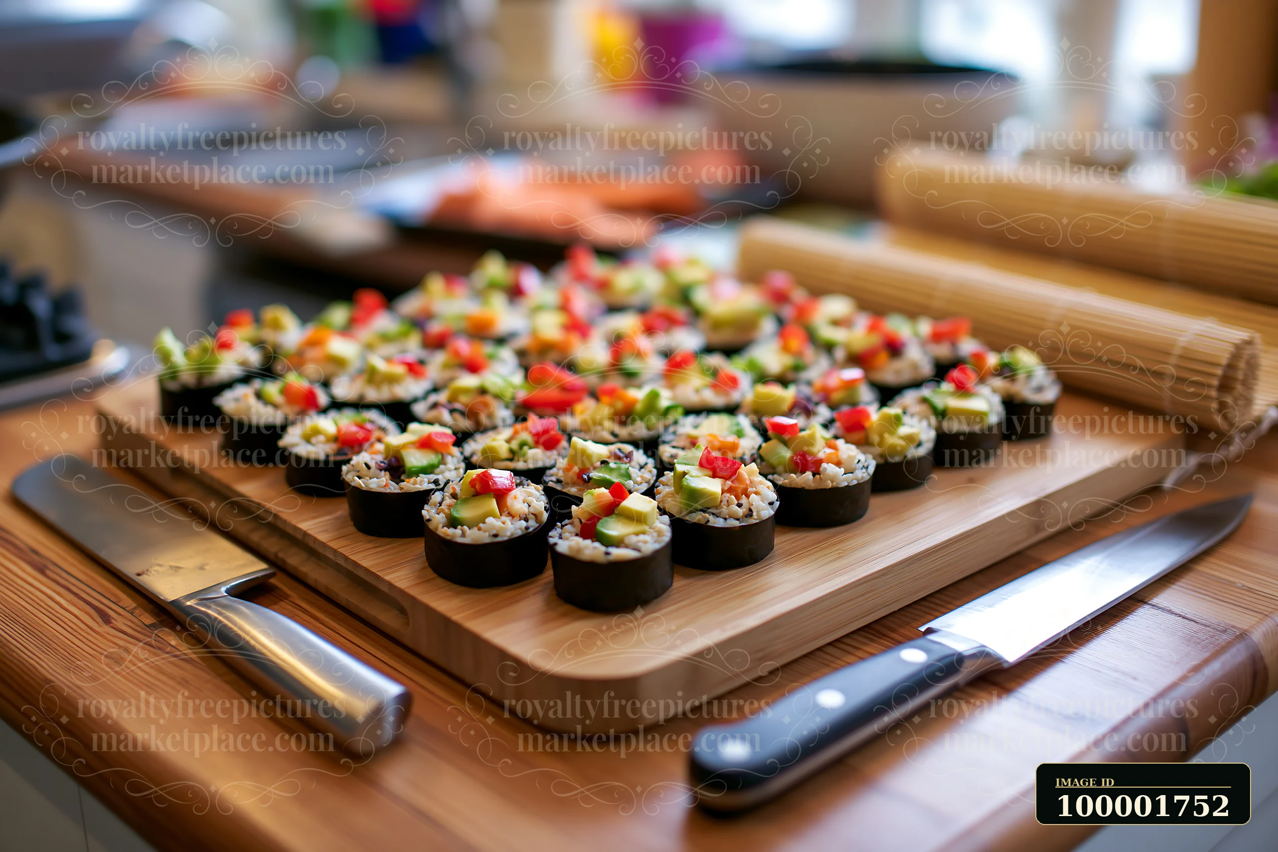 A vegan sushi platter features neatly arranged sushi rolls filled with vegetables and served on a wooden board in a kitchen setting.
