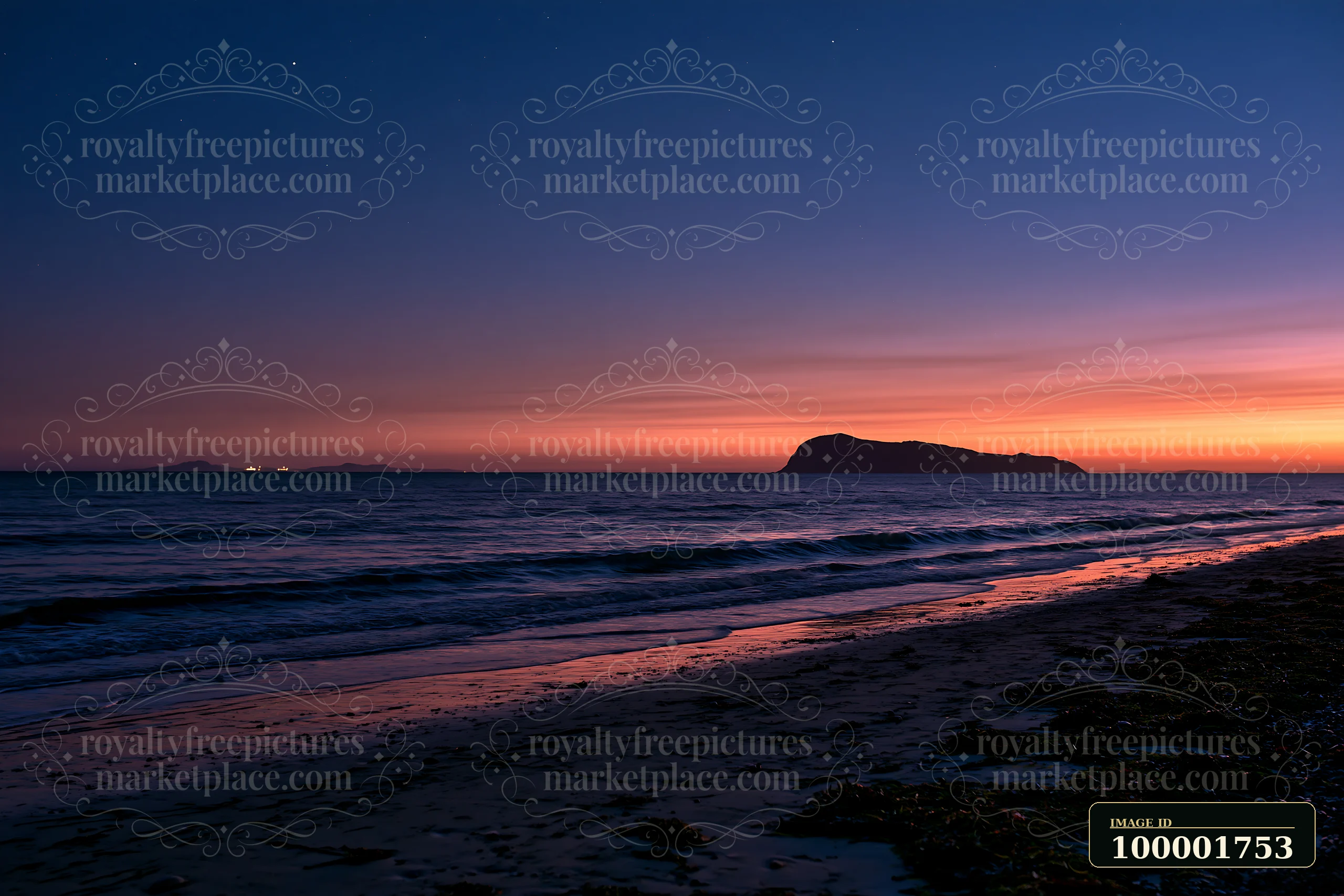 Waves lap the shore as the sky transitions to night, highlighting a coastline with an island offshore.